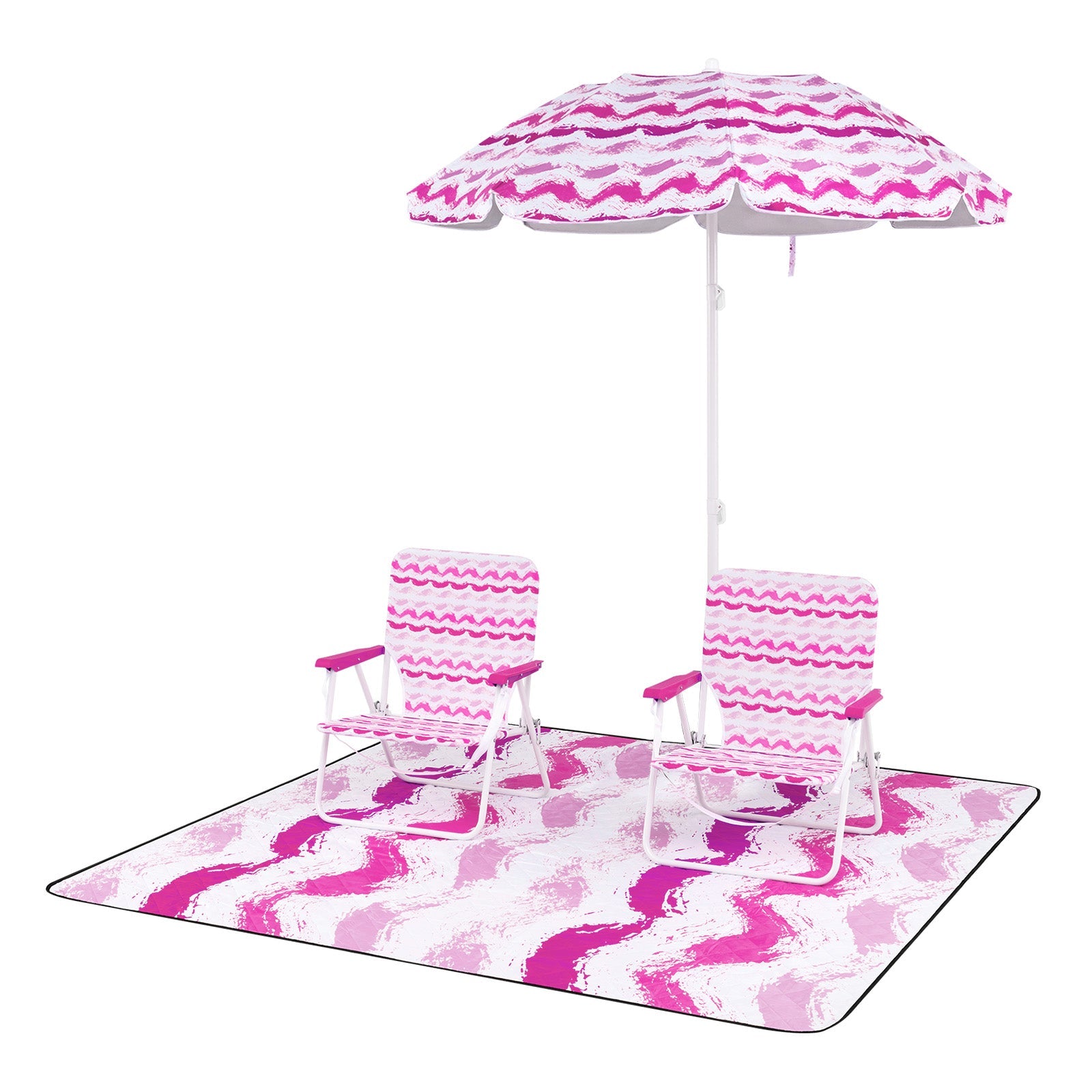 4 Pieces Beach Umbrella Set with 2 Foldable Chairs and Picnic Blanket