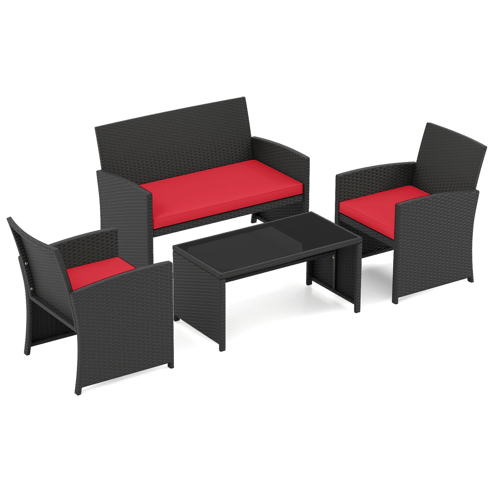 4 Pieces Patio Furniture Set with Tempered Glass Tabletop and Removable Cushion