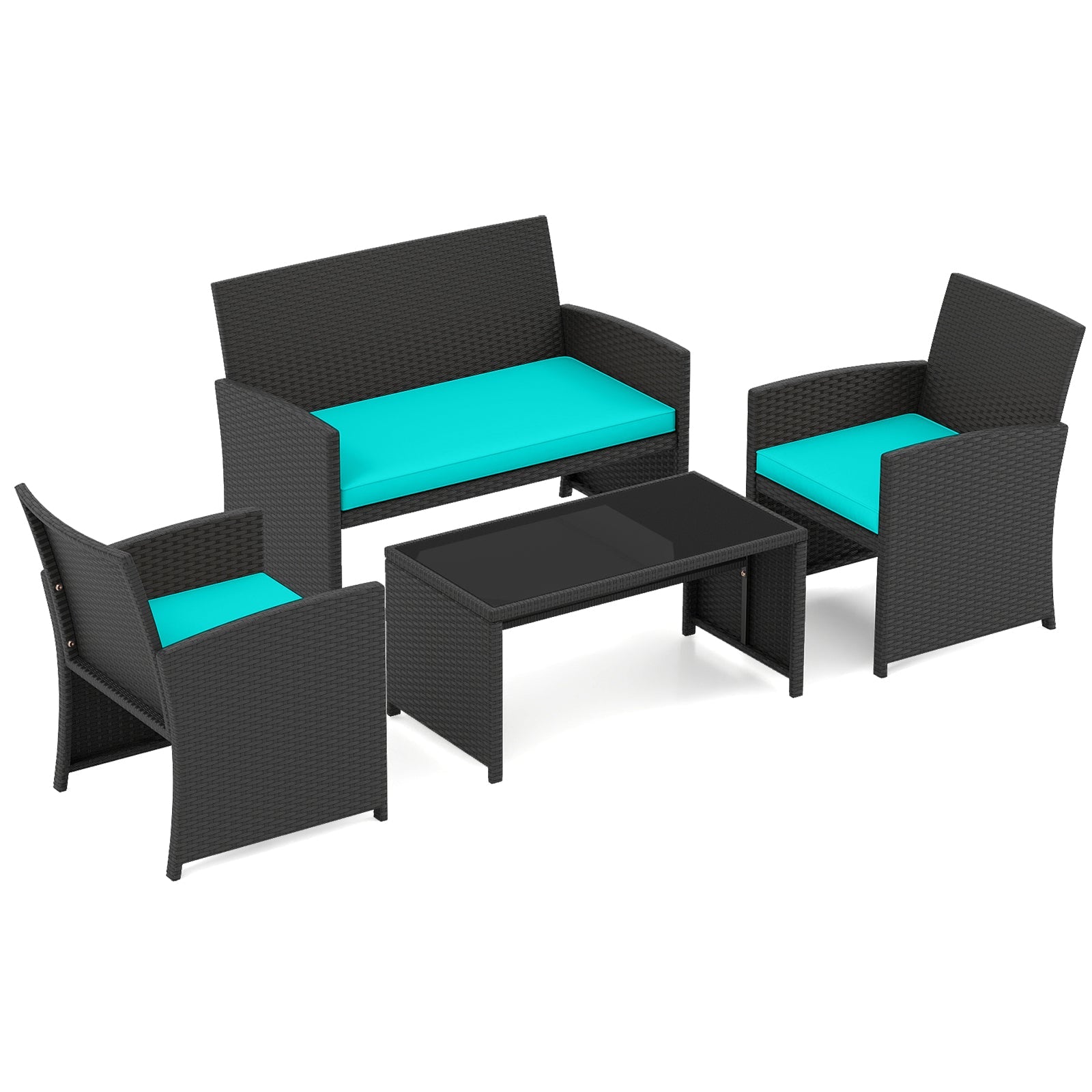 4 Pieces Patio Furniture Set with Tempered Glass Tabletop and Removable Cushion