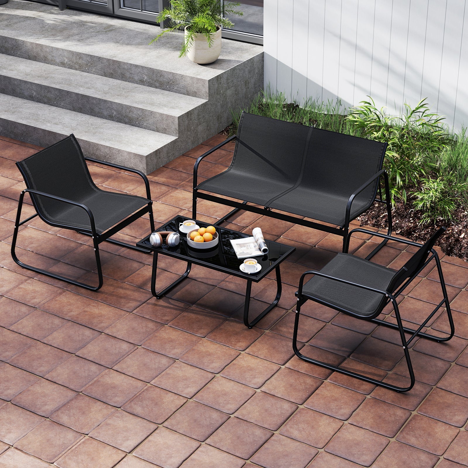 4 Pieces Patio Furniture Set Fabric Lawn Chairs and Loveseat with Glass Coffee Table