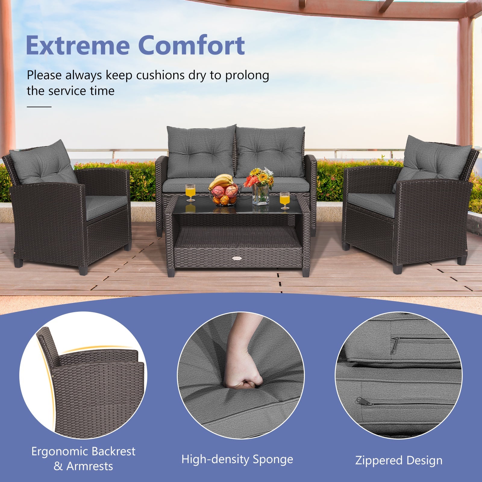 4 Pieces Patio Rattan Conversation Furniture Set with Glass Top Coffee Table-Gray