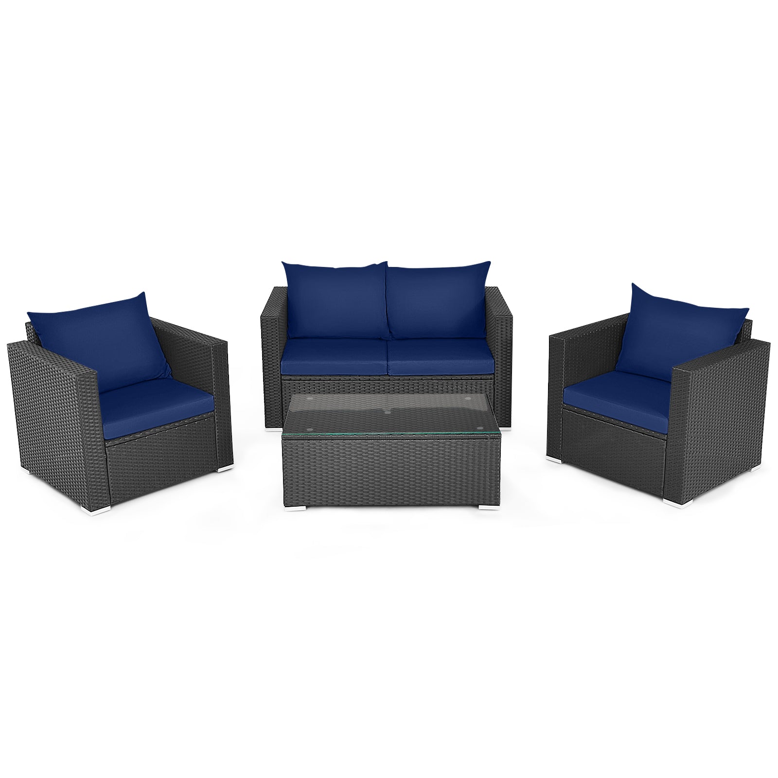 4 Pieces Patio Rattan Conversation Set with Cushions and Coffee Table-Black
