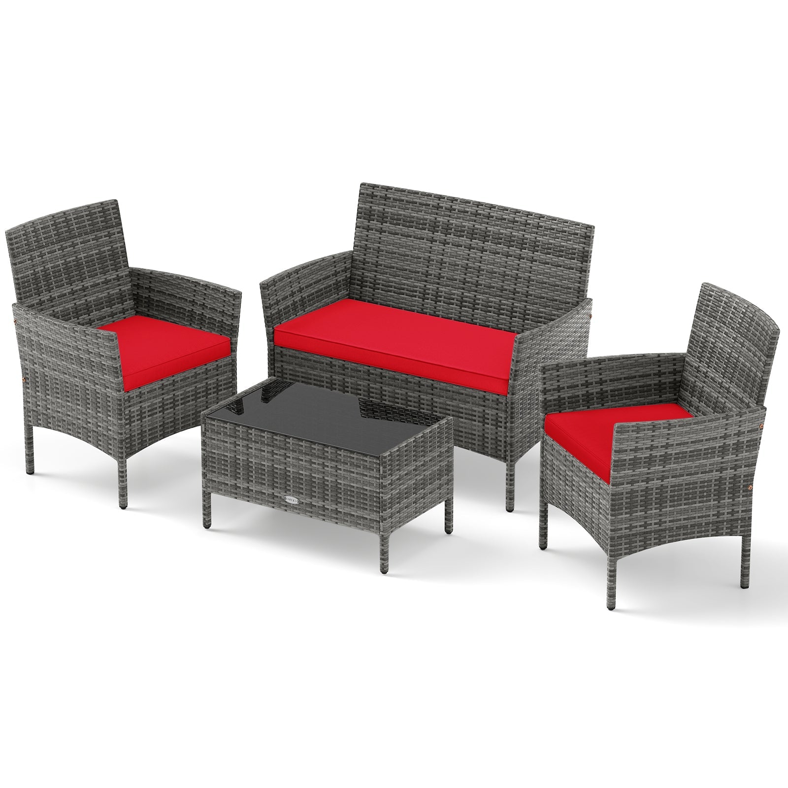 4 Pieces Patio Rattan Conversation Set with Tempered Glass Coffee Table