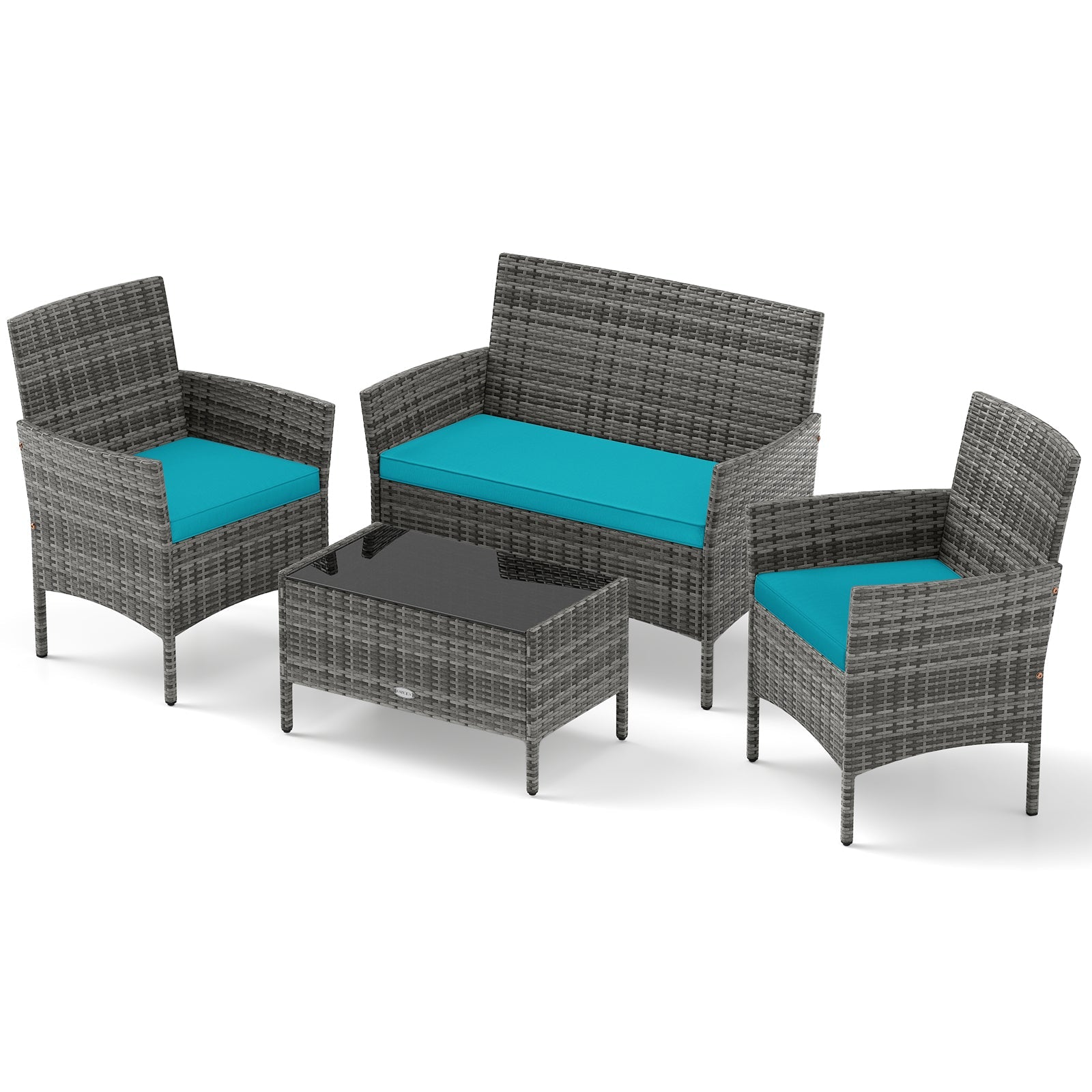 4 Pieces Patio Rattan Conversation Set with Tempered Glass Coffee Table