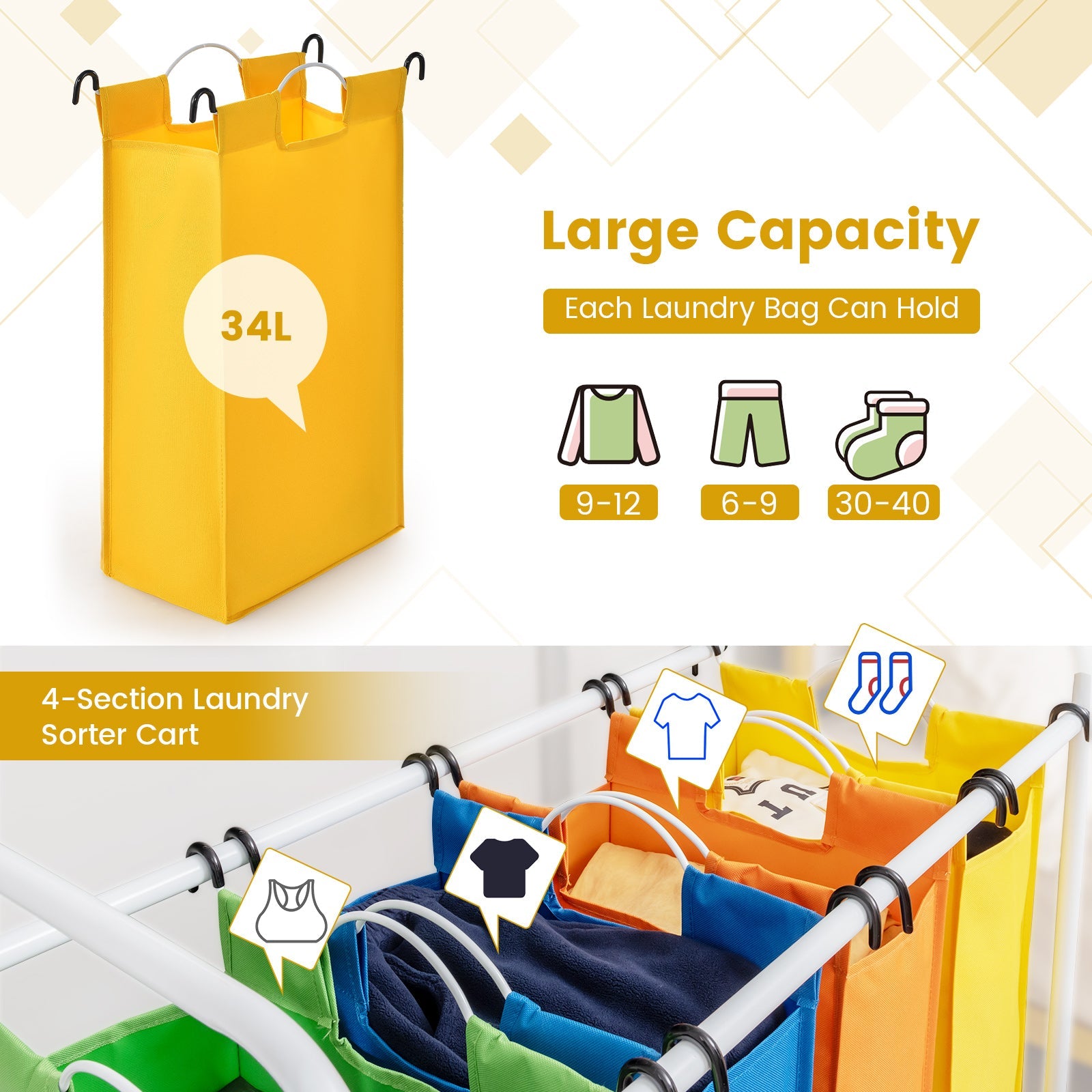 136L Large Capacity 4-Section Laundry Sorter