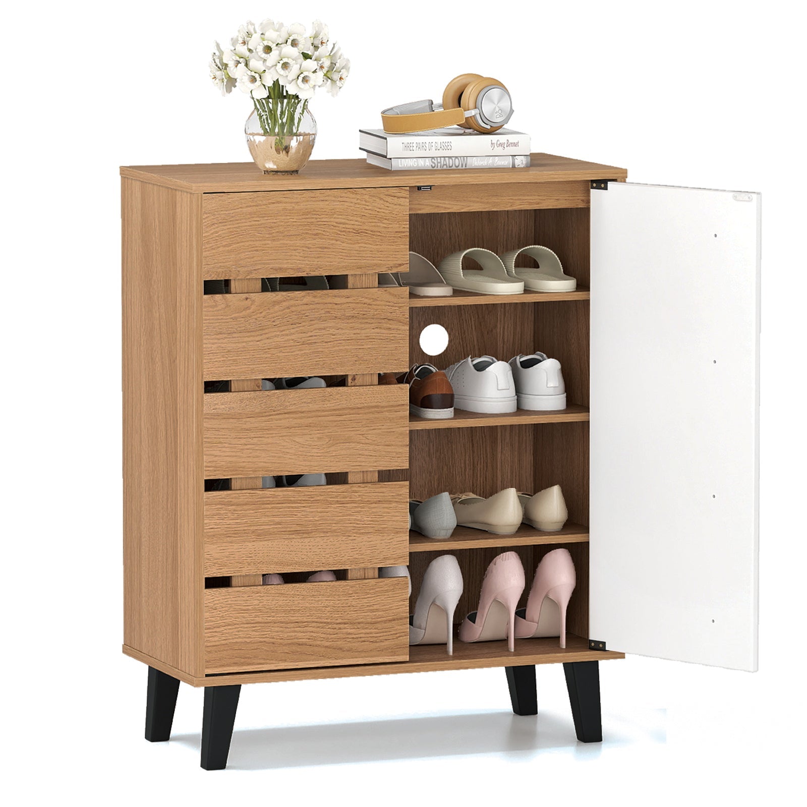 4-Tier Farmhouse Shoe Organizer with Louvered Door