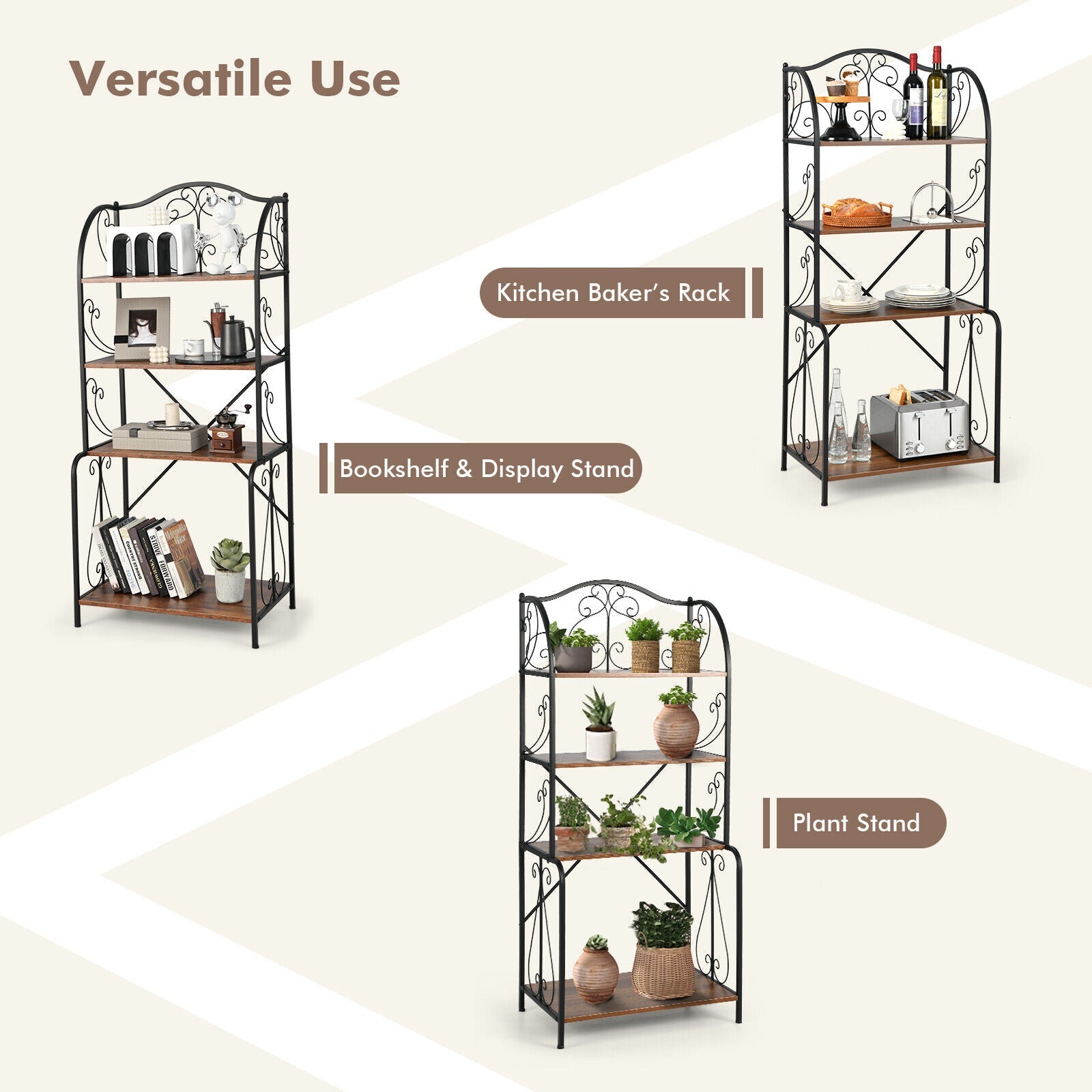 4-Tier Industrial Kitchen Baker's Rack with Open Shelves and X-Bar