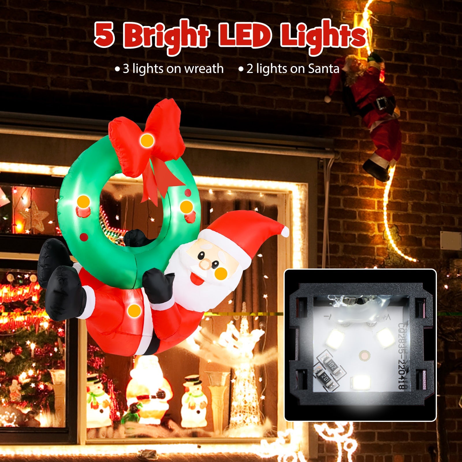 4 ft Inflatable Santa Claus Wreath with Red Bow and 5 LED Lights