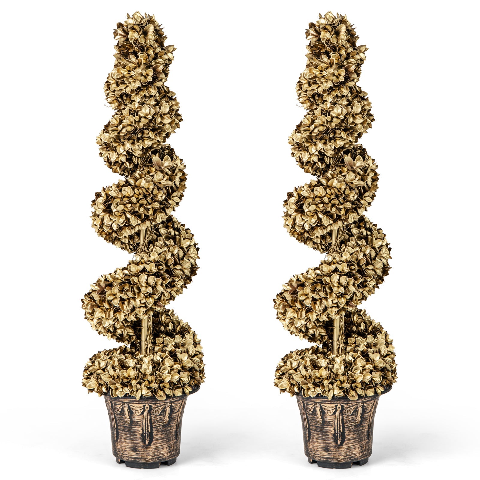 4 FT Artificial Topiary Spiral Tree Set of 2 with Vintage Plastic Nursery Pot-Gold