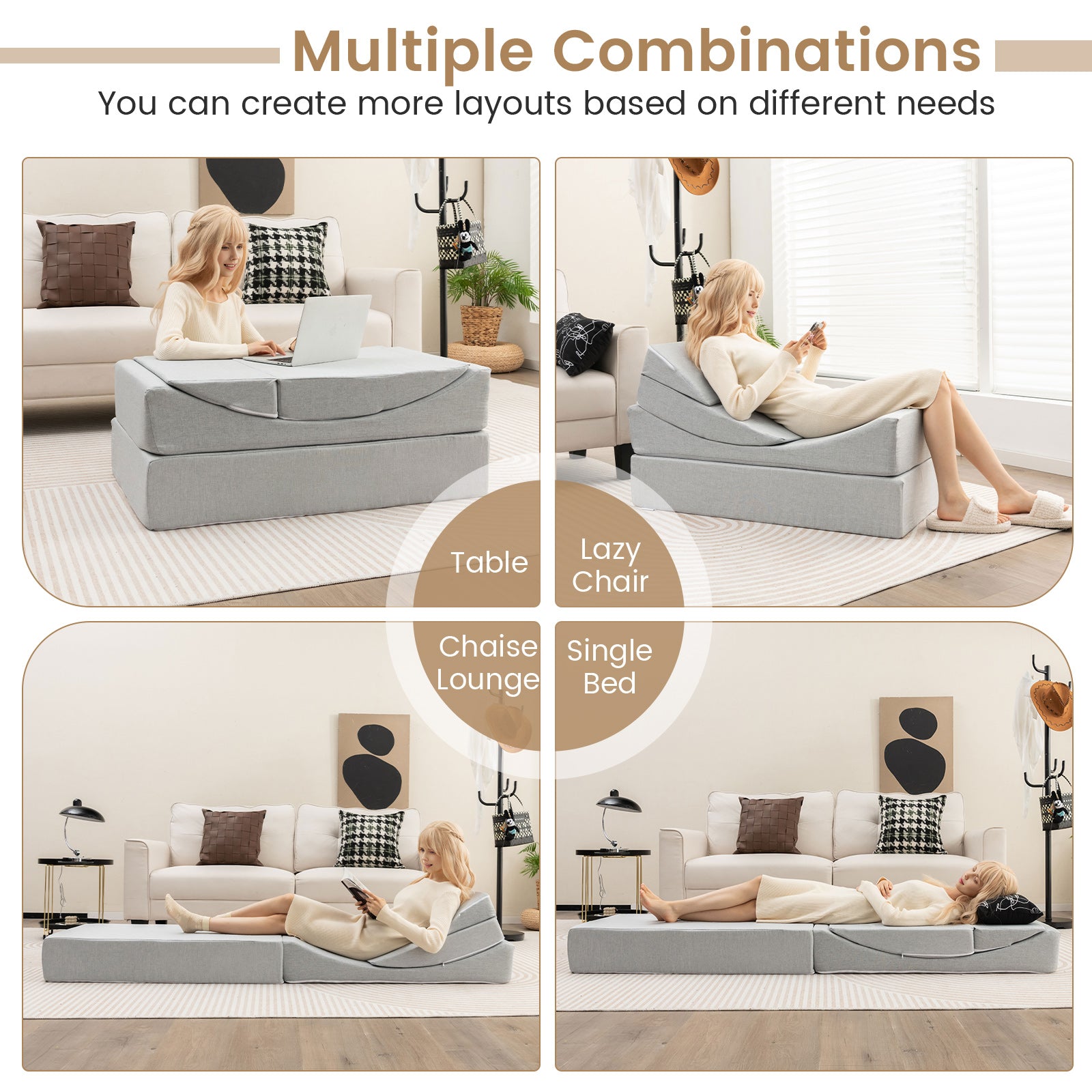 4-in-1 Convertible Folding Sofa Bed with High-Density Foam-Gray