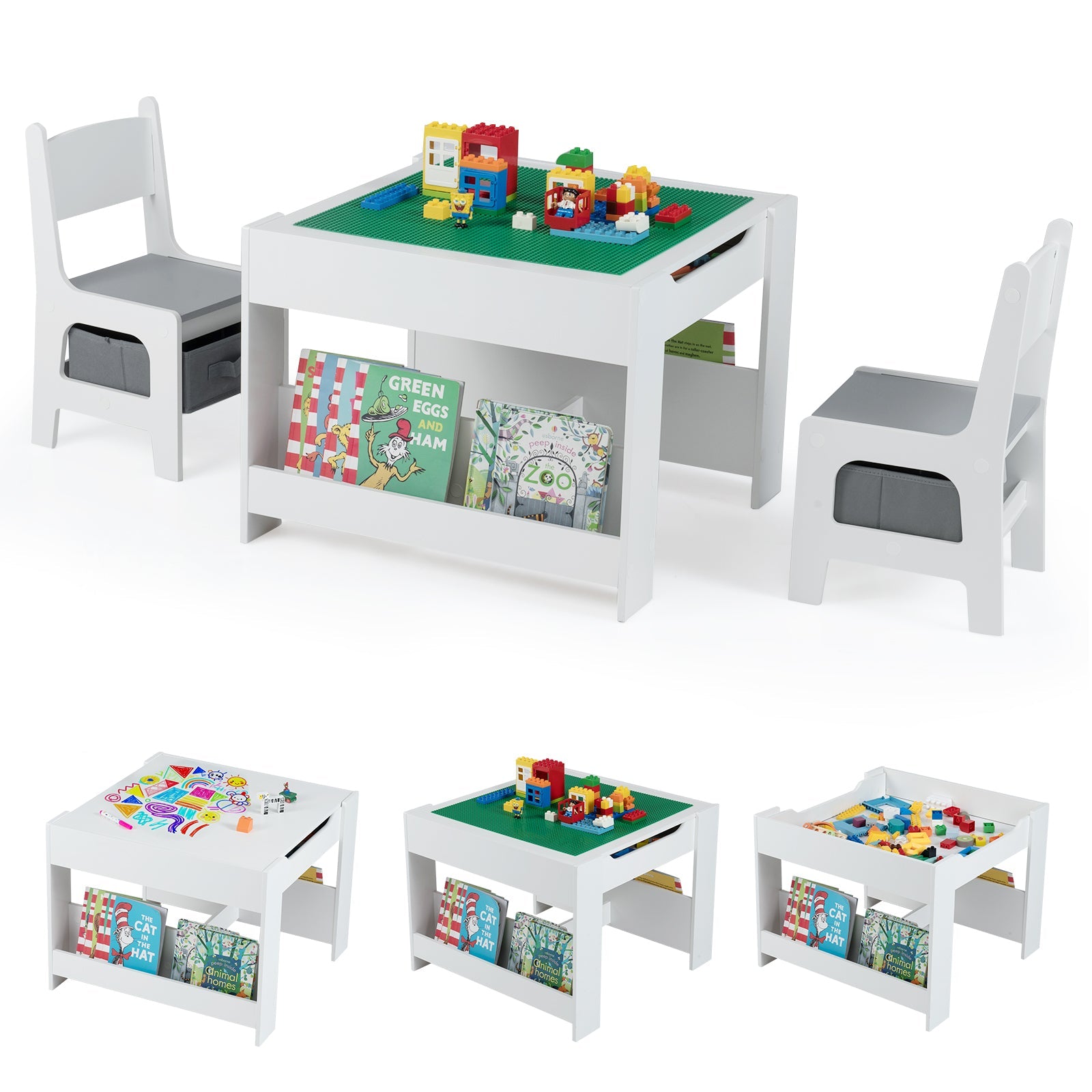 4 in 1 Kids Table and Chair Set with Reversible Graffiti and Building Blocks Tabletop