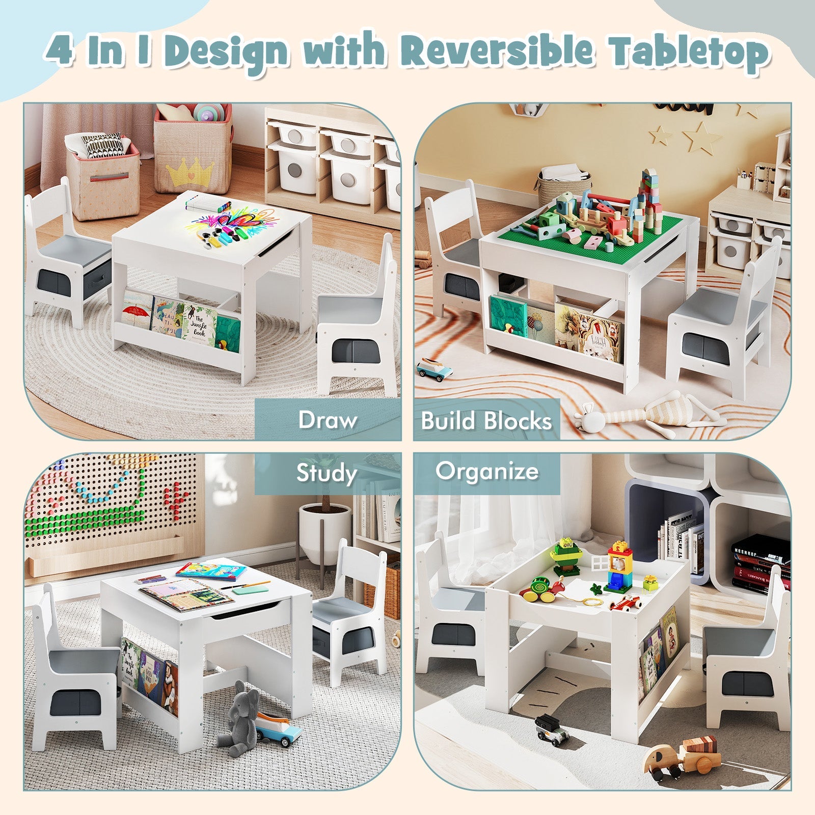 4 in 1 Kids Table and Chair Set with Reversible Graffiti and Building Blocks Tabletop