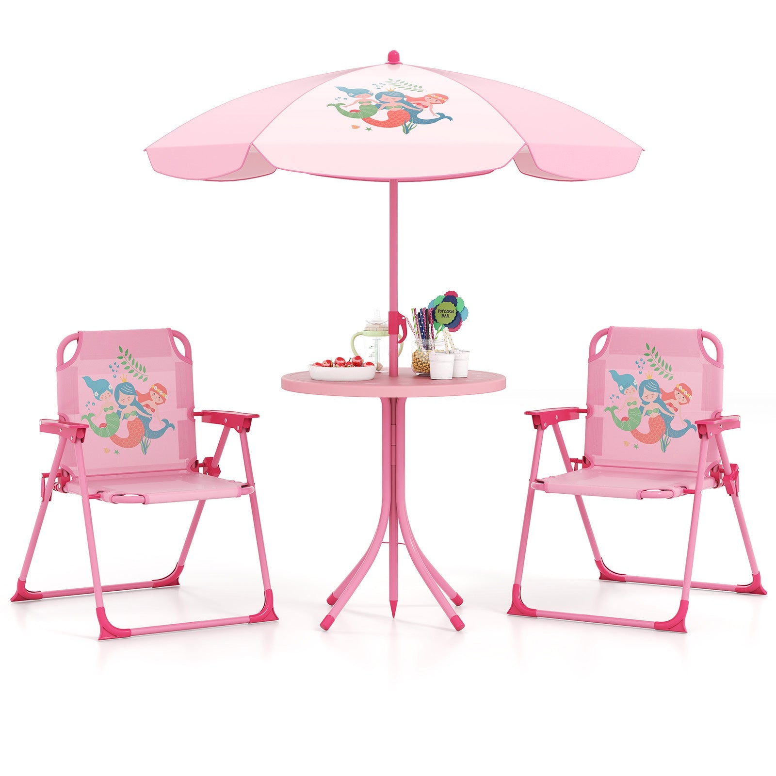 4 Pieces Kids Picnic Set with 2 Folding Chairs and Height Adjustable Umbrella