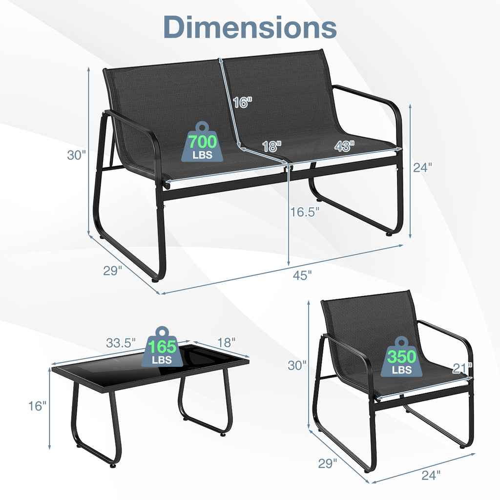 4 Pieces Patio Furniture Set Fabric Lawn Chairs and Loveseat with Glass Coffee Table