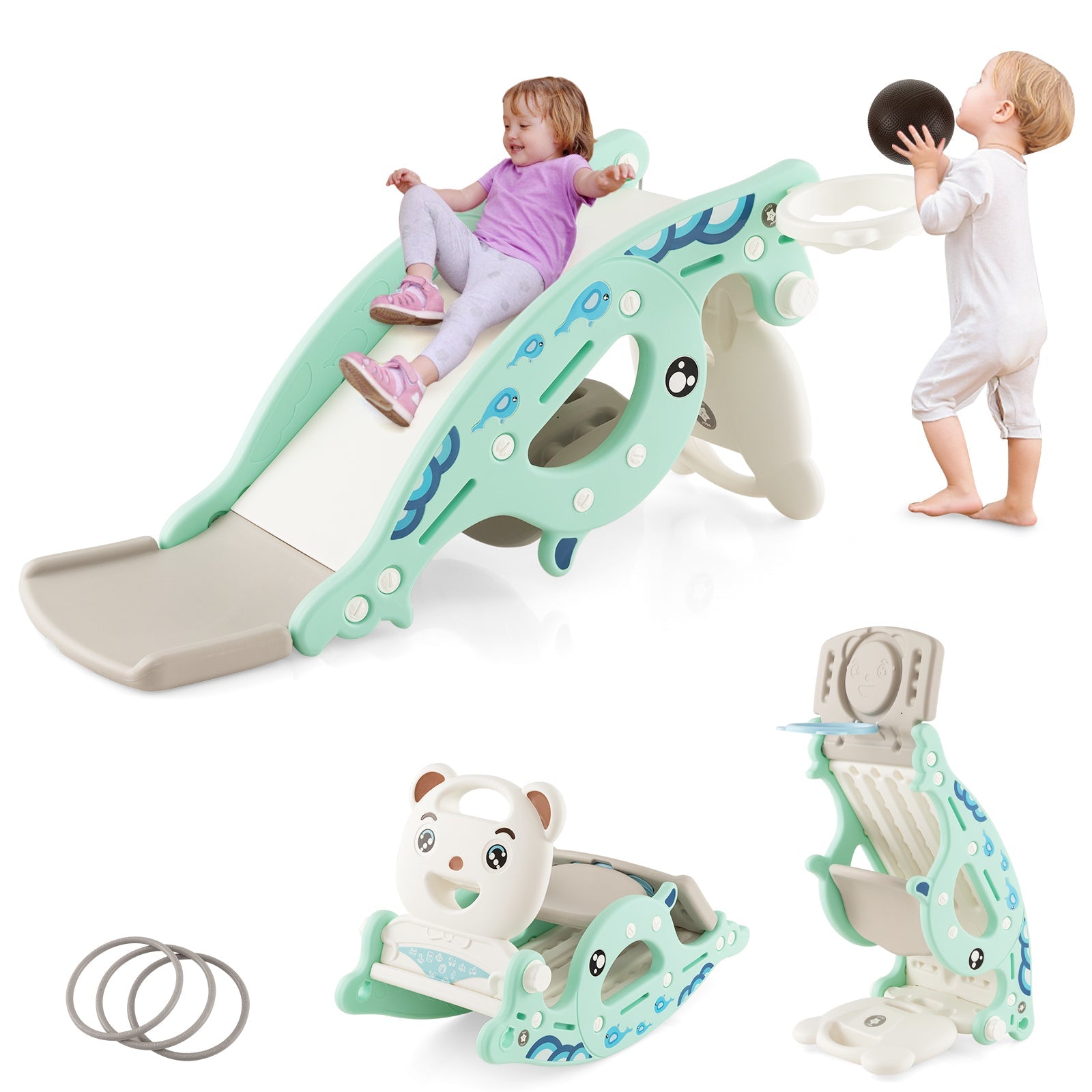 4-in-1 Kids Slide Rocking Horse with Basketball and Ring Toss