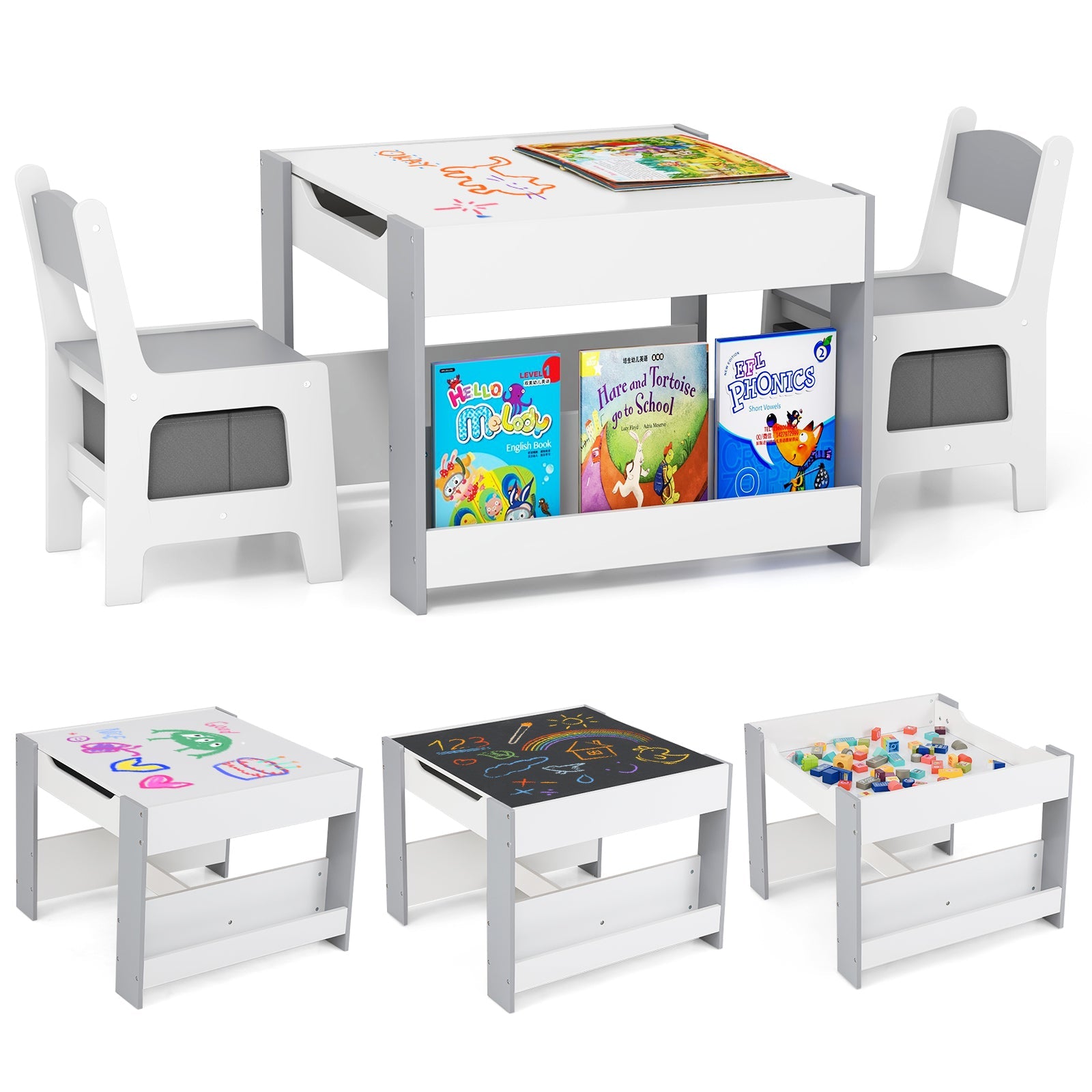 4 in 1 Kids Toddler Activity Table and Chairs Set with Reversible Tabletop