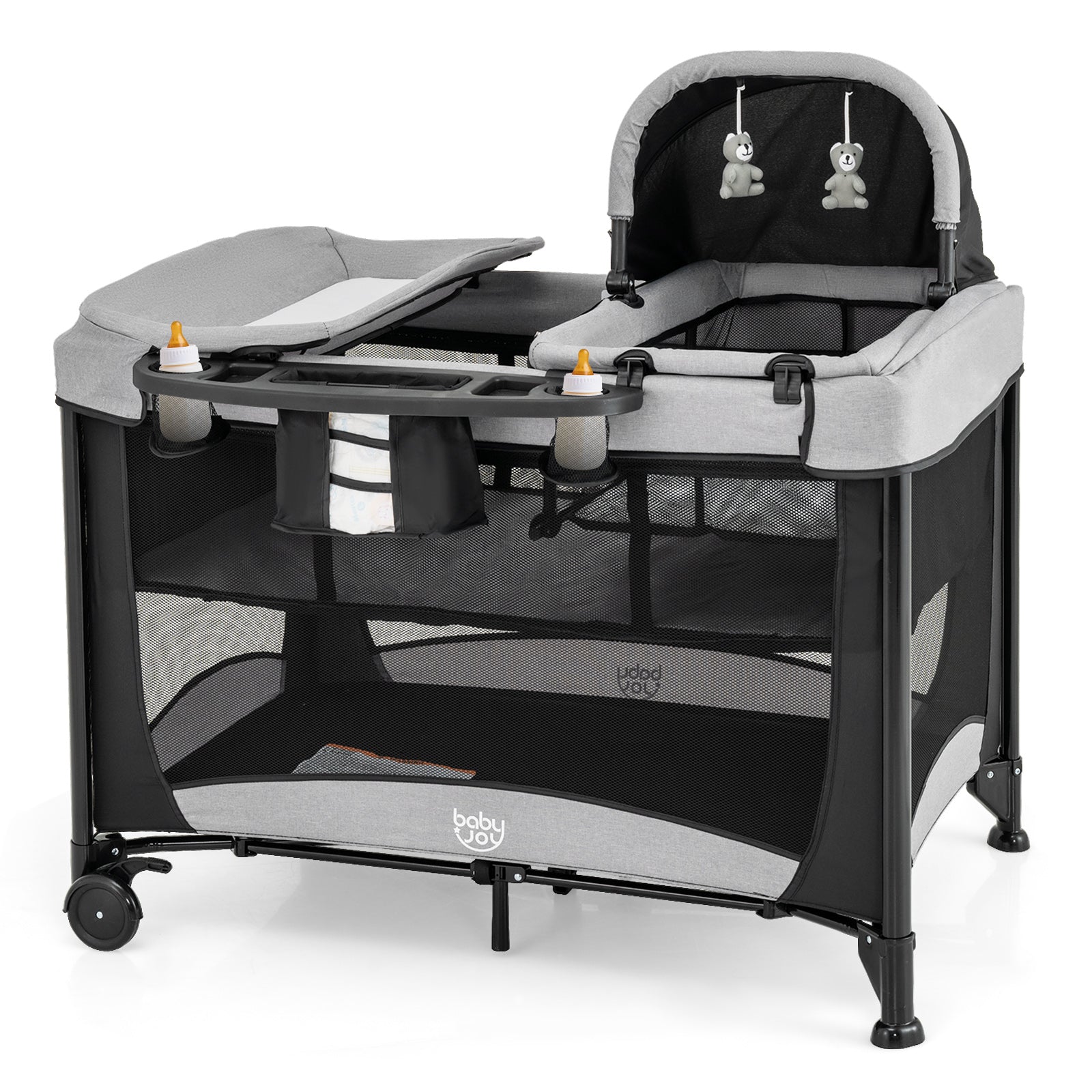 5-in-1 Portable Baby Playard with Cradle and Storage Basket