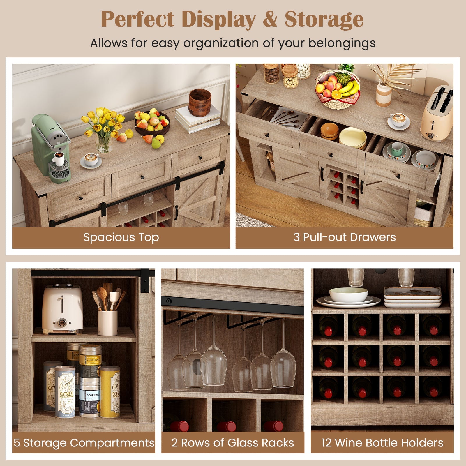 52 Inches Wine Bar Cabinet with LED Lights and Sliding Barn Doors