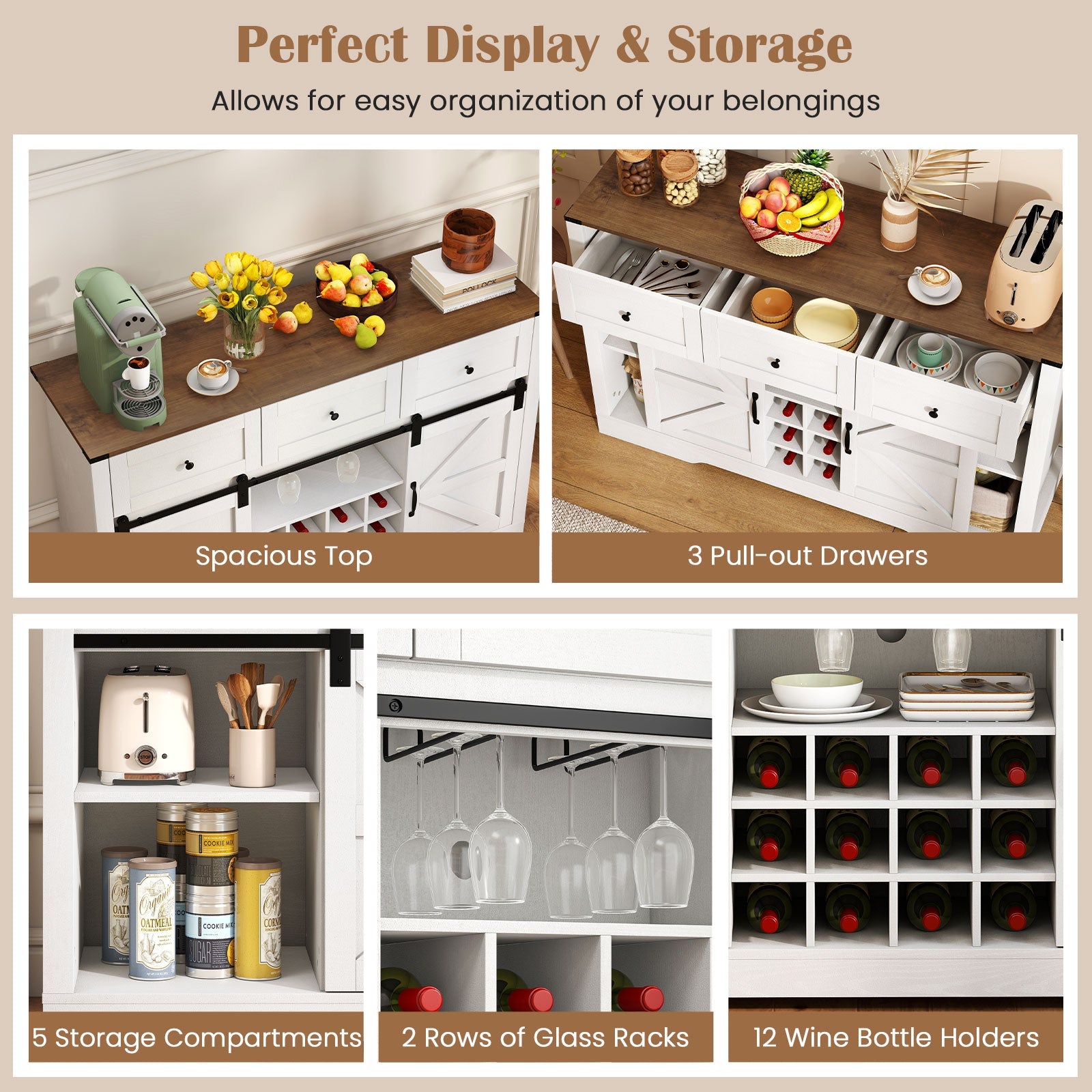 52 Inches Wine Bar Cabinet with LED Lights and Sliding Barn Doors