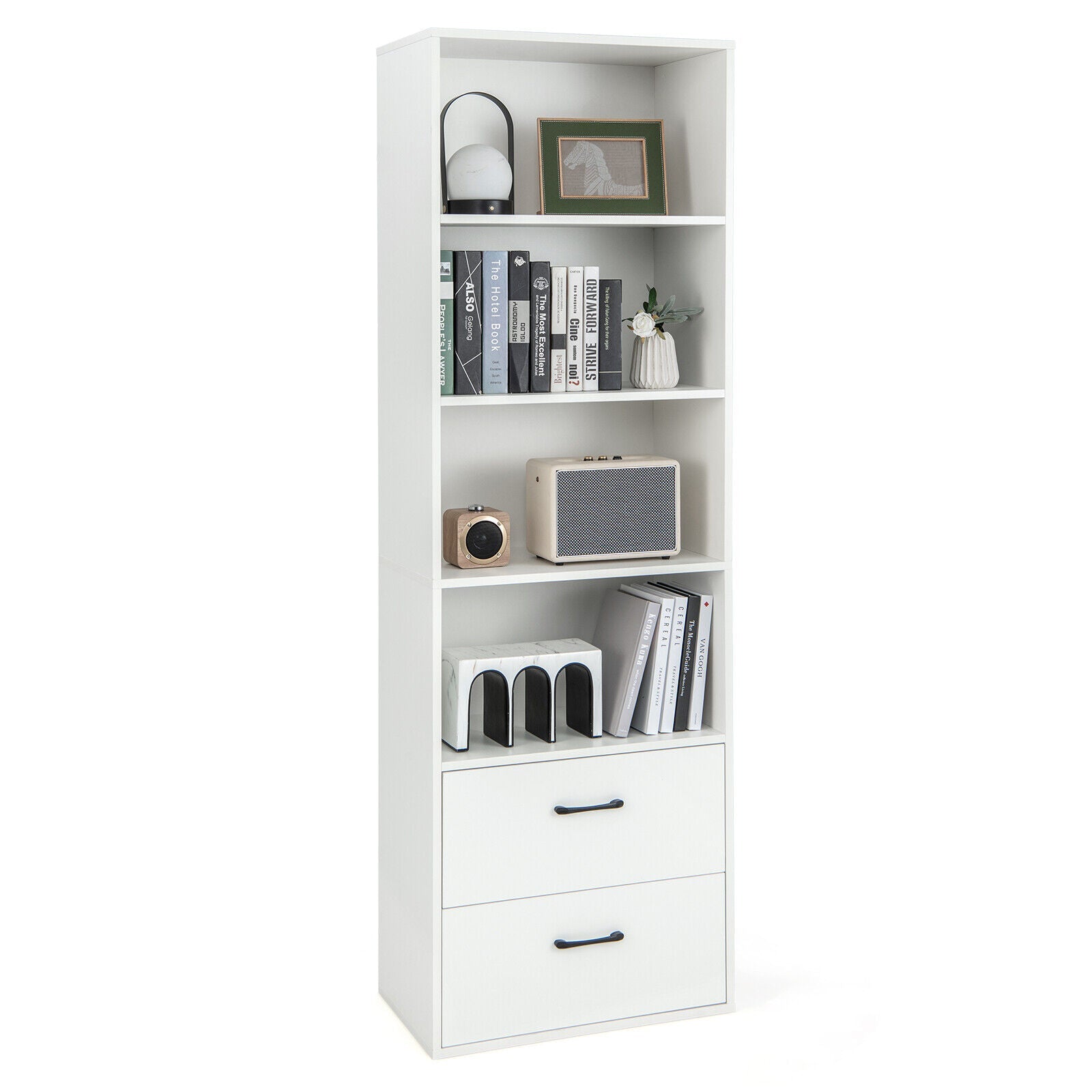 6-Tier Tall Freestanding Bookshelf with 4 Open Shelves and 2 Drawers