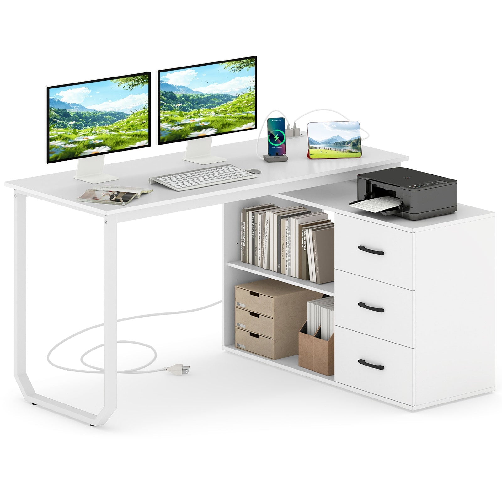 55 Inch Reversible L Shaped Desk with 3 Drawers Home Office Desk with Adjustable Shelf