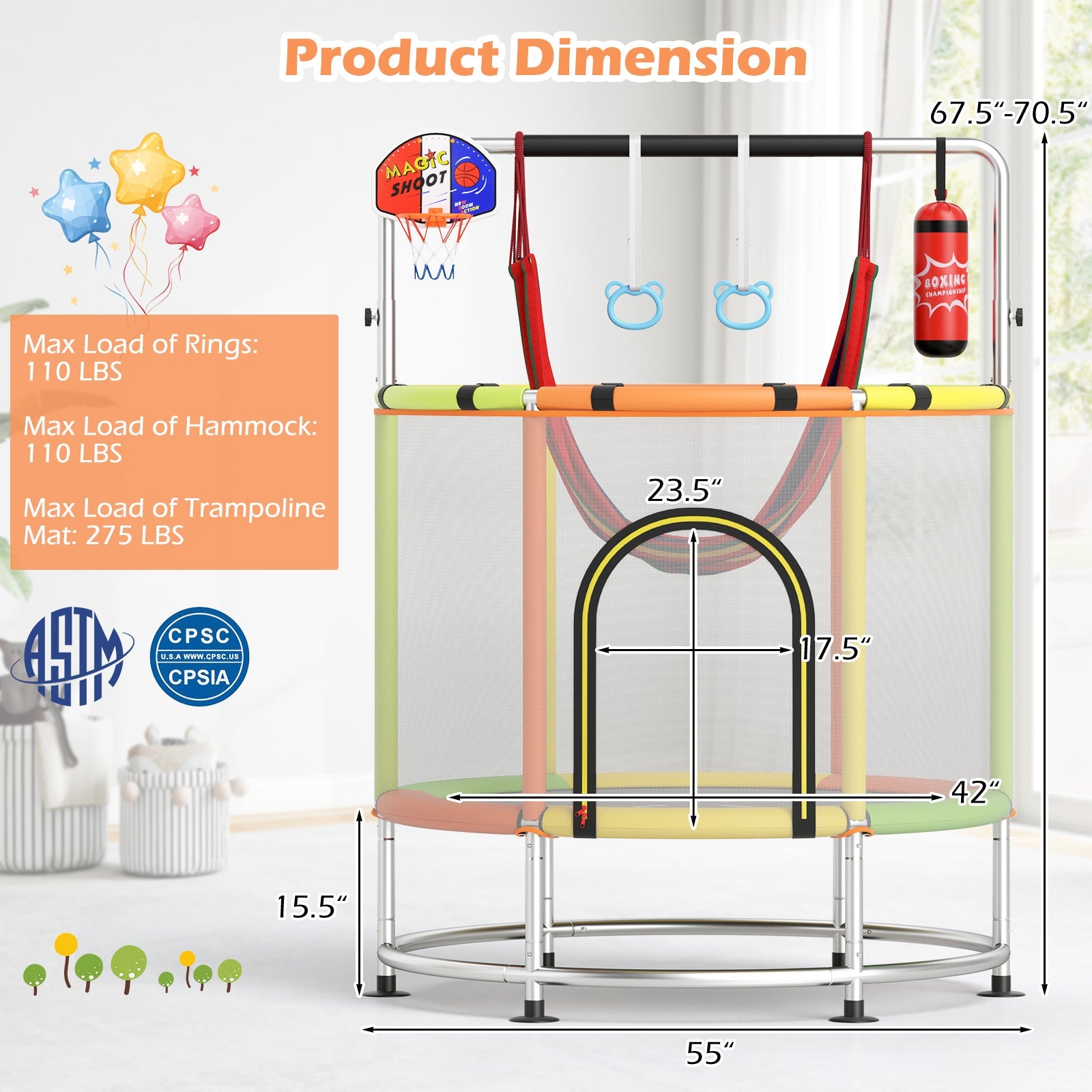 55" Kids Trampoline Gift for for 3-6 Years Old Boys and Girls