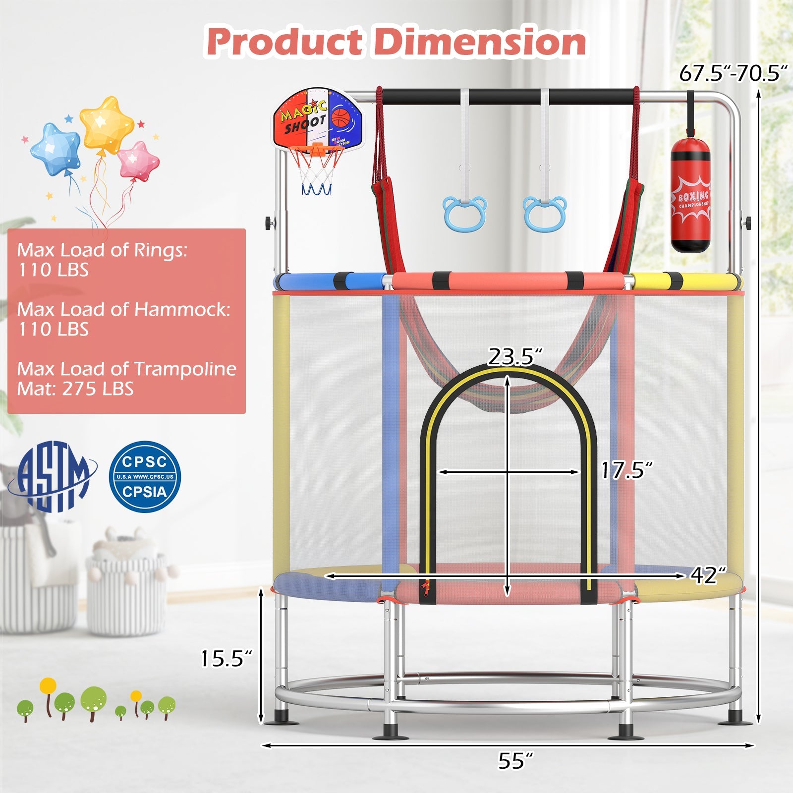 55" Kids Trampoline Gift for for 3-6 Years Old Boys and Girls