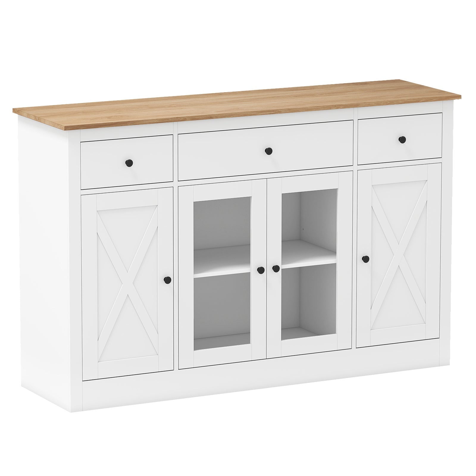 55" Large Buffet Sideboard Kitchen Storage Cabinet with 3 Drawers 2 See-through Doors Adjustable Shelves Wine Bar Table