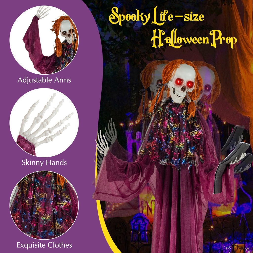 6 Feet Halloween Animatronic Standing Girl Holding Book with Sound-Activated Light-up Eyes and Moving Arms & Head