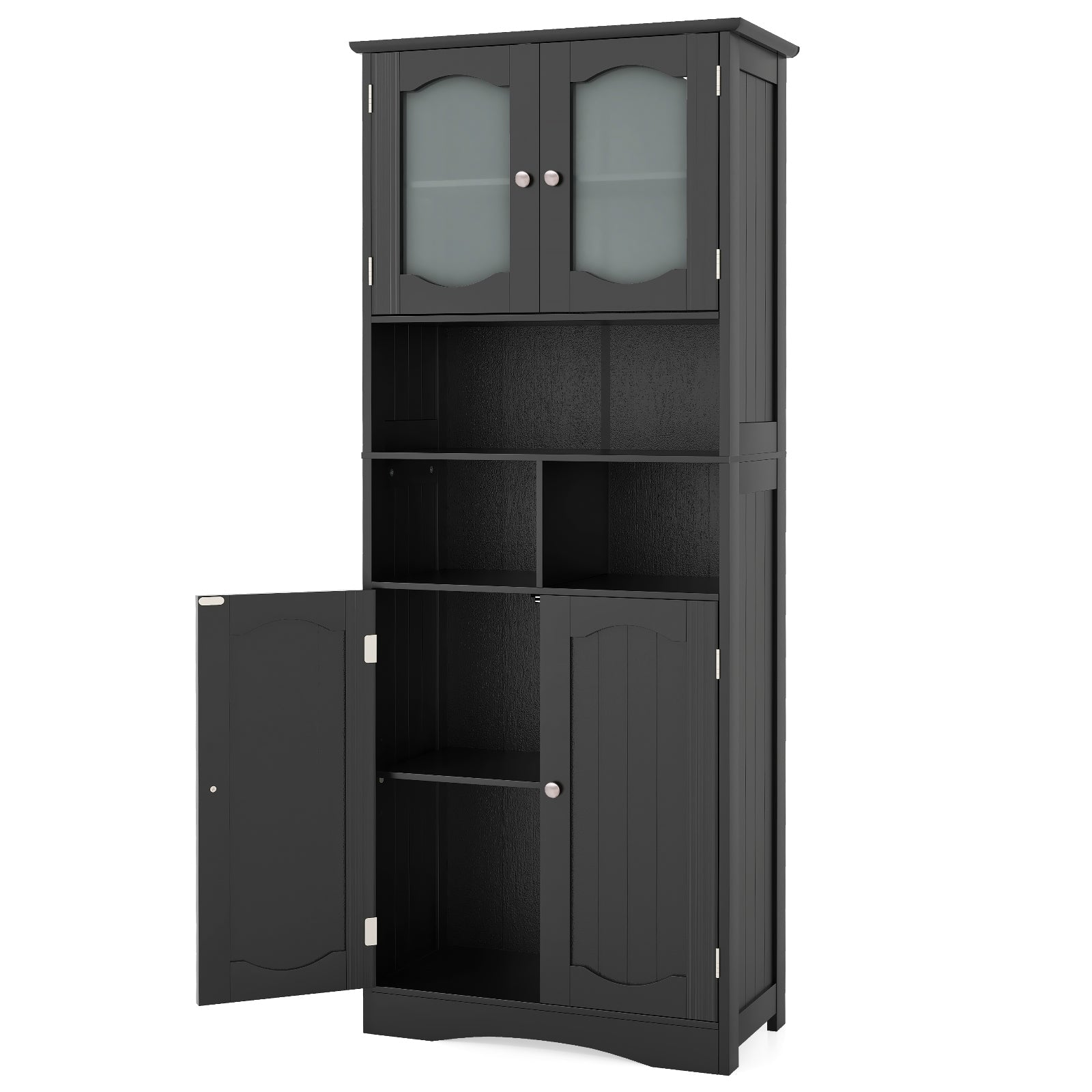 58.5 Inch Freestanding Linen Bathroom Storage Cabinet with Frost Glass Doors