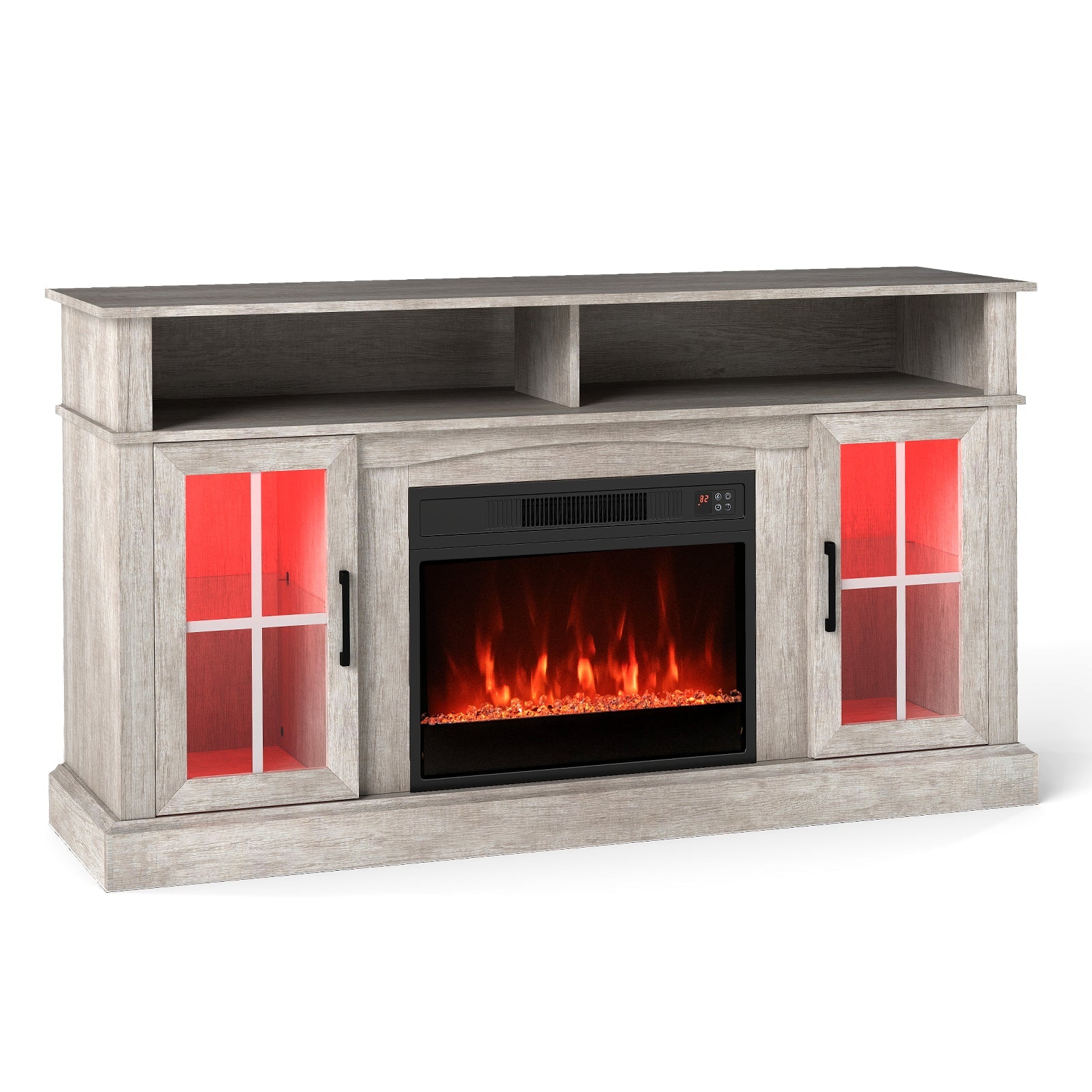 58 Inch Fireplace TV Stand with LED Lights with Storage Cabinets and Glass Doors