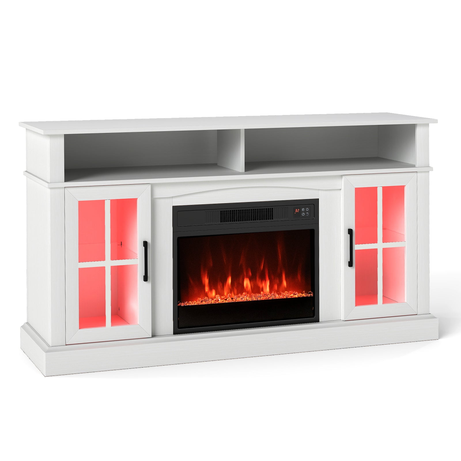 58 Inch Fireplace TV Stand with LED Lights with Storage Cabinets and Glass Doors
