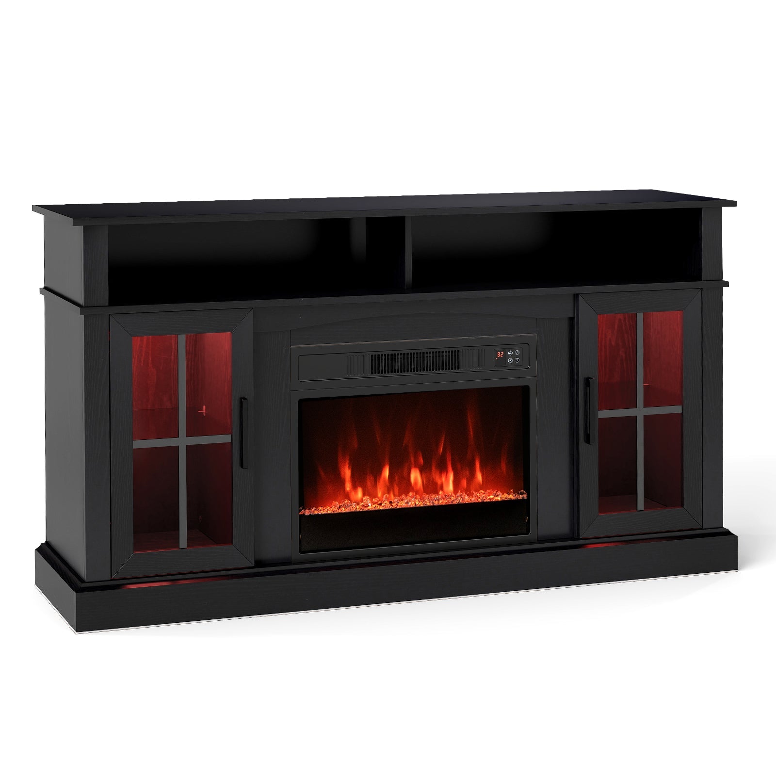 58 Inch Fireplace TV Stand with LED Lights with Storage Cabinets and Glass Doors