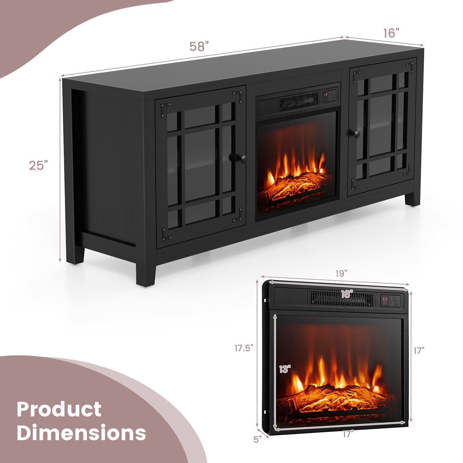 58 Inch Fireplace TV Stand with Adjustable Shelves for TVs up to 65 Inch-Black