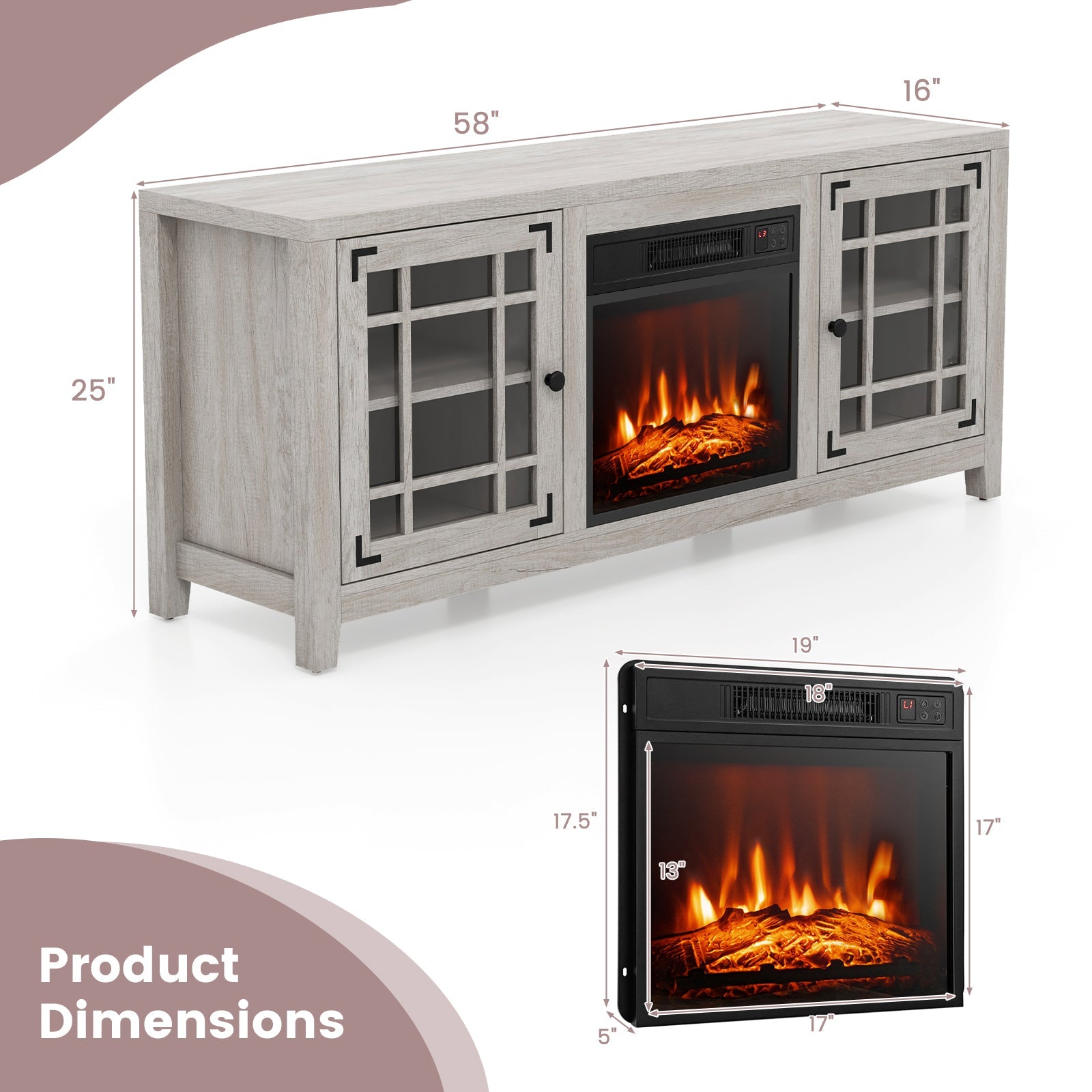 58 Inch Fireplace TV Stand with Adjustable Shelves for TVs up to 65 Inch-Natural