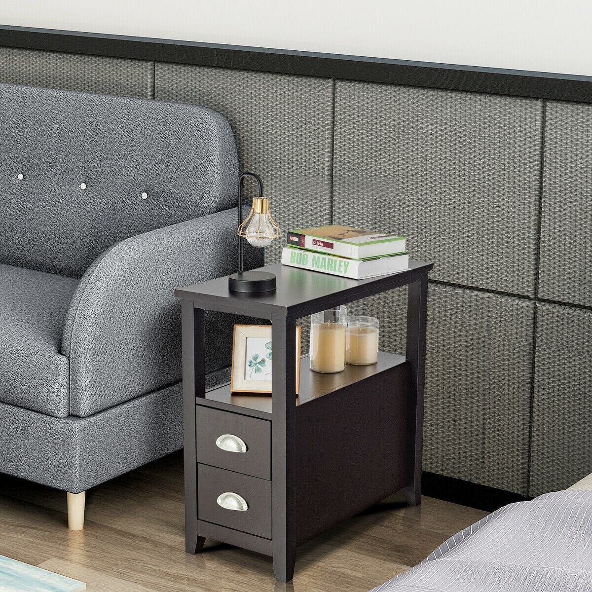 End Table Wooden with 2 Drawers and Shelf Bedside Table