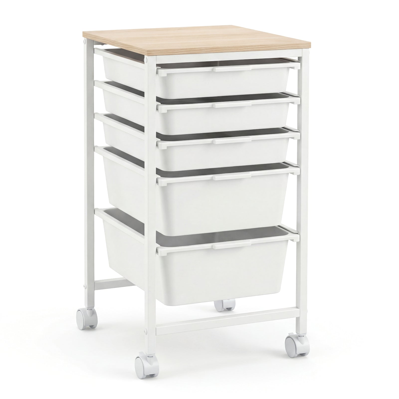 5-Drawer Rolling Storage Cart Mobile Utility Organizer with Wooden Tabletop and Lockable Wheels-White