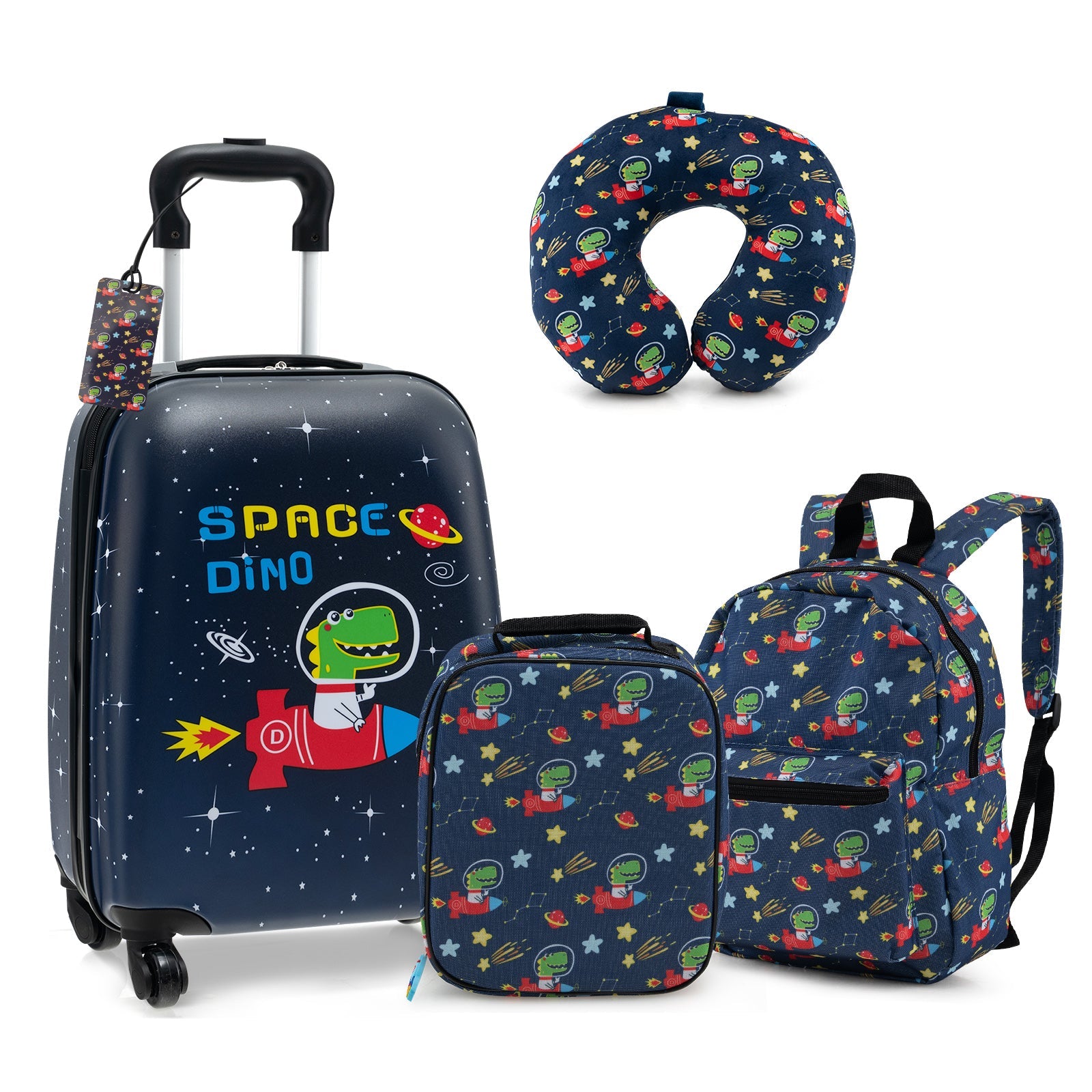 5 Piece Kids Luggage Set with Backpack Neck Pillow Name Tag Lunch Bag
