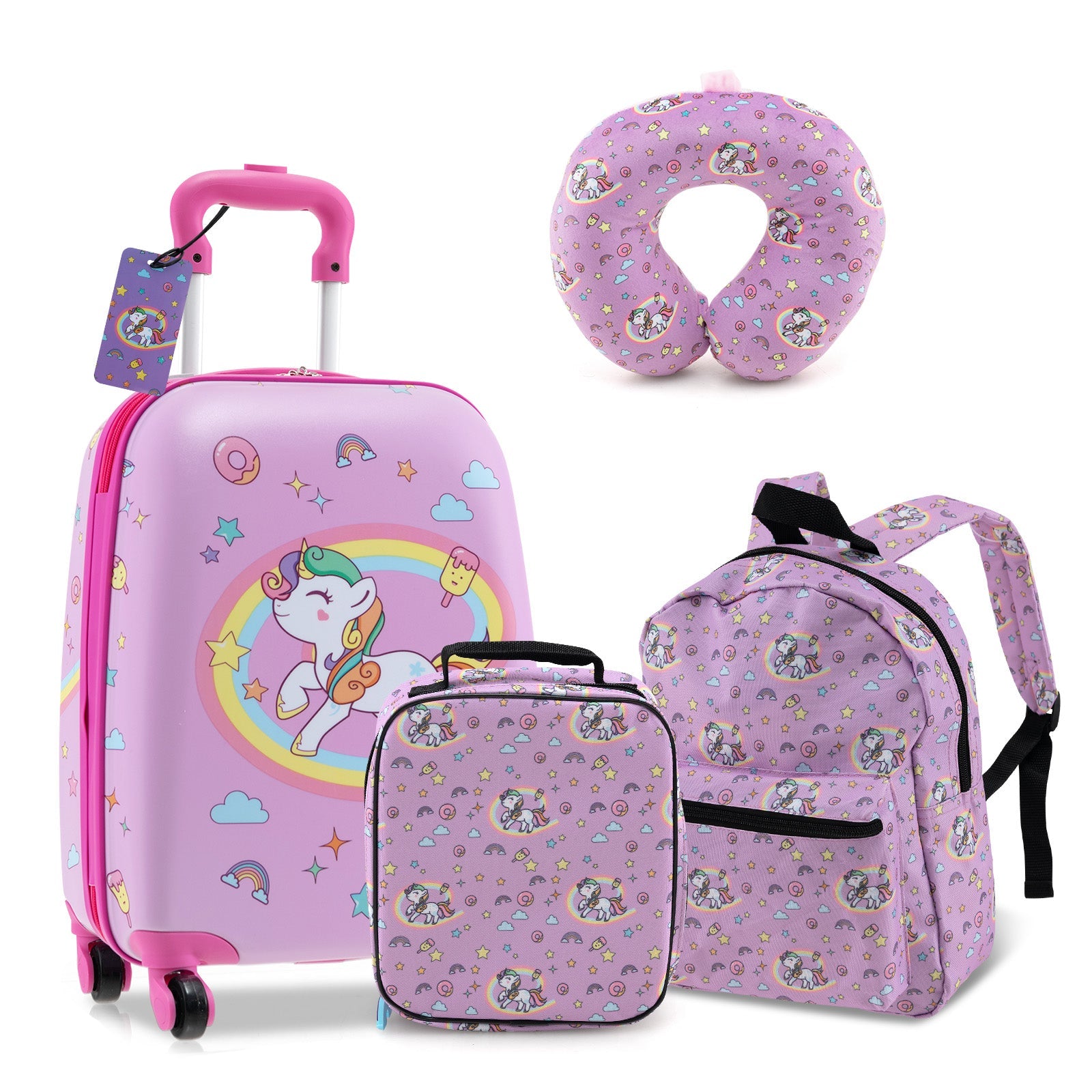 5 Piece Kids Luggage Set with Backpack Neck Pillow Name Tag Lunch Bag