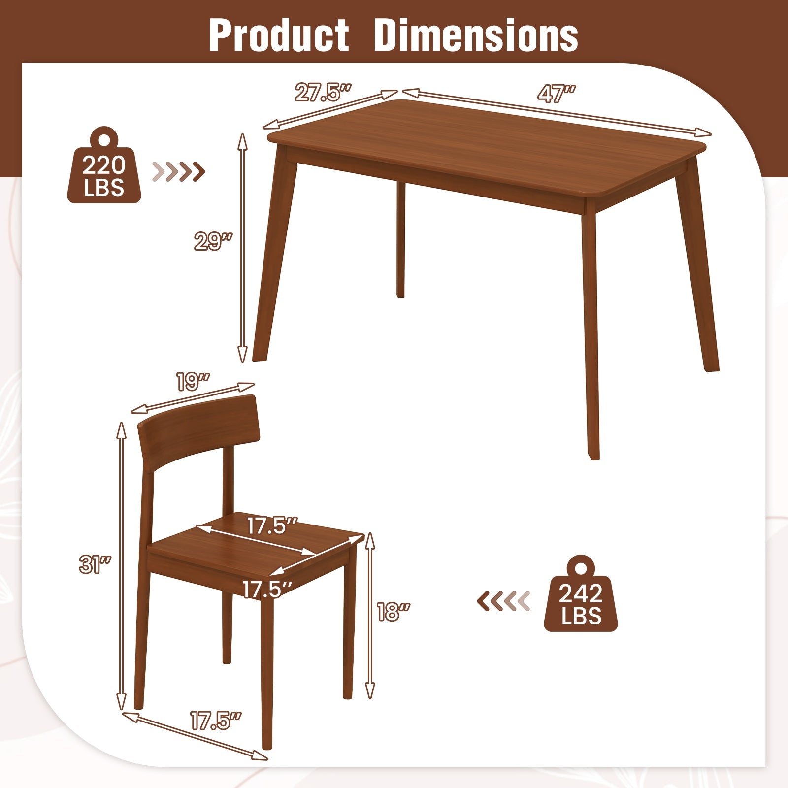 5 Piece Wood Dining Table Set with Rubber Wood Frame and 4 Chairs-Walnut