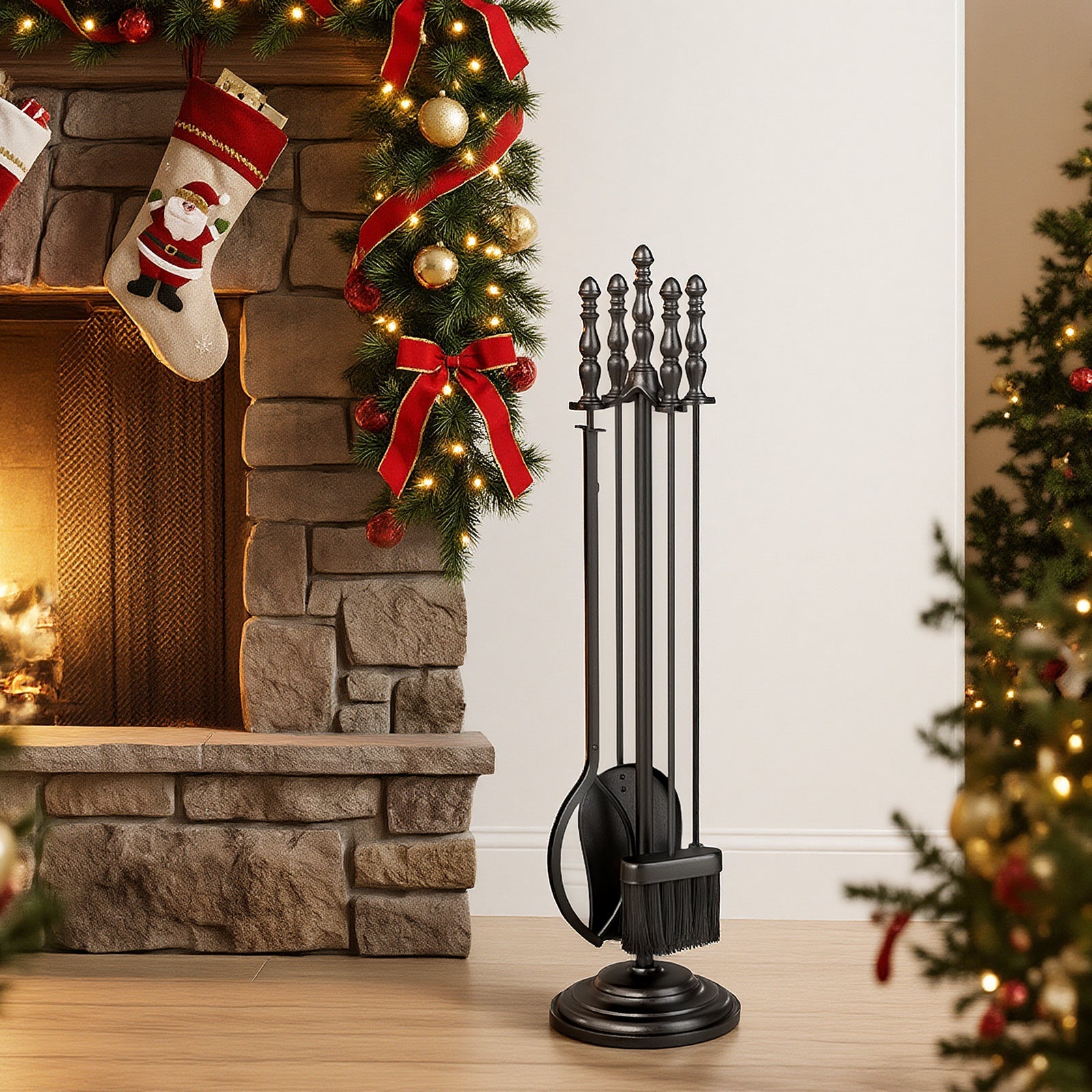 5-Pieces Fireplace Tool Set with Poker Tongs Brush Shovel and Round Stand