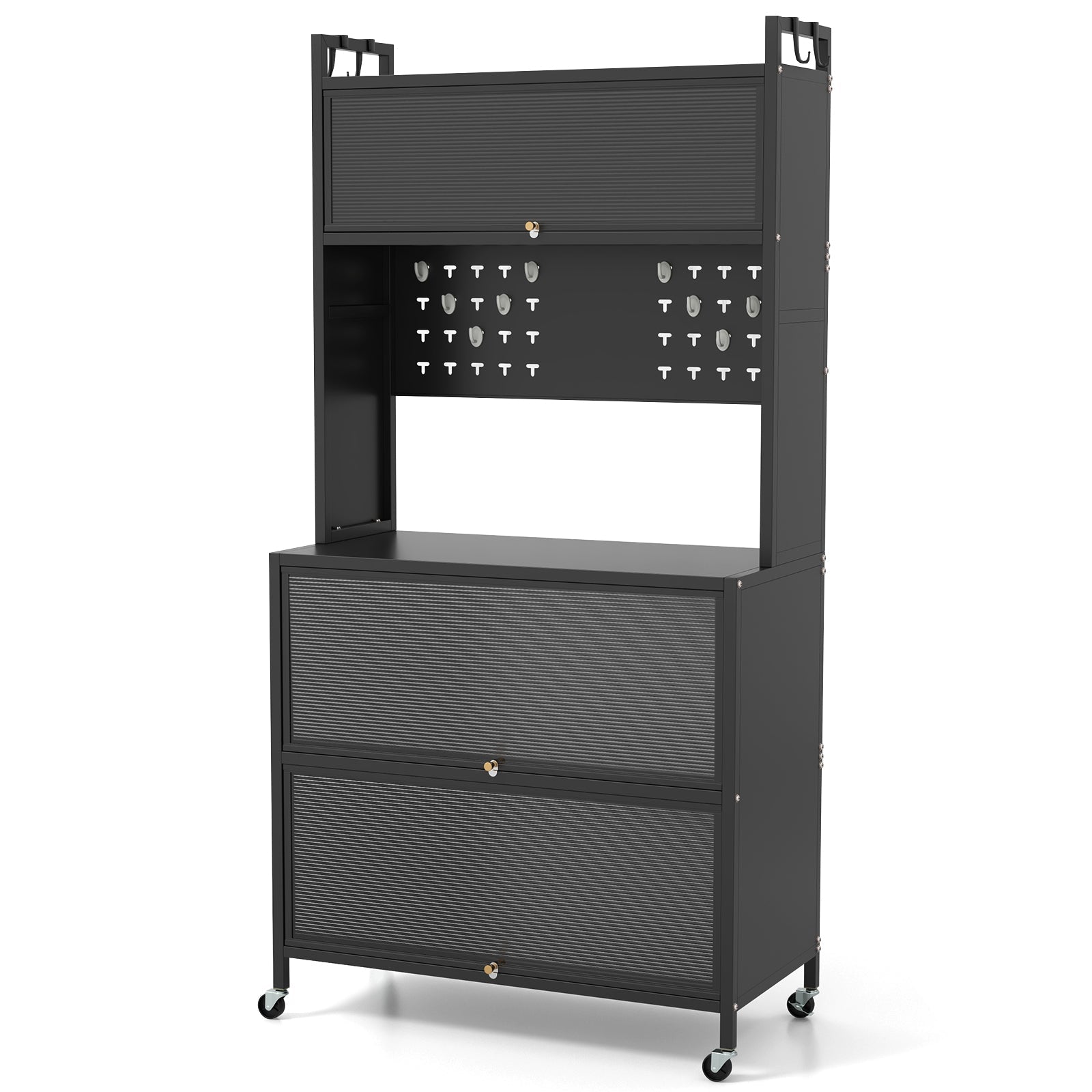 5 Tier Kitchen Bakers Rack with Lights Multifunctional Microwave Stand with Flip Door Cabinets
