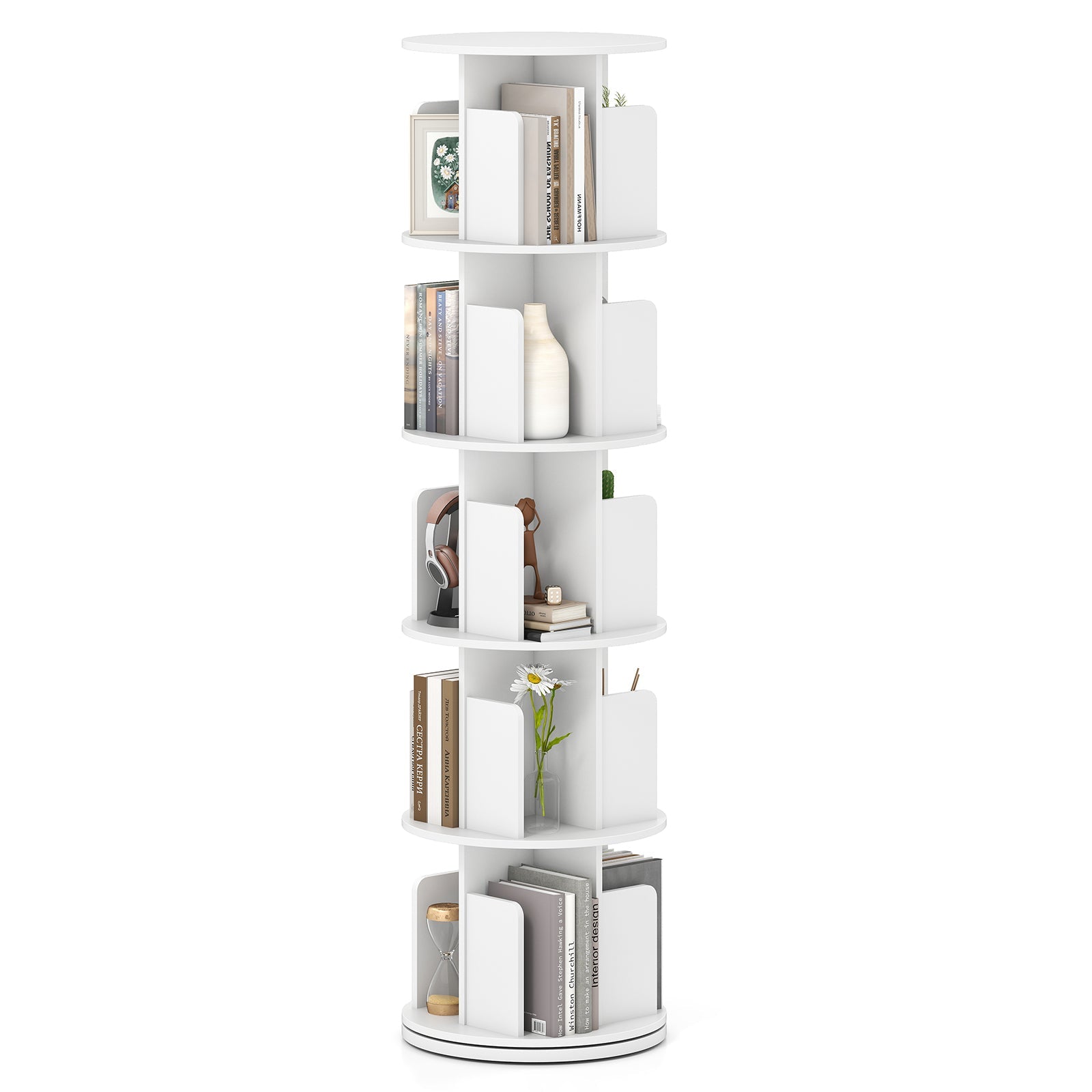 5-Tier Rotating Bookshelf 360¬∞ Display Rack with Dividers and Anti-falling Baffles