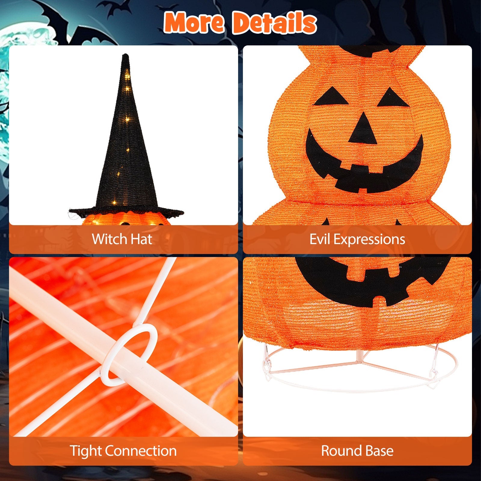 5 Feet Lighted Stacked Pumpkins Halloween Decoration with Witch Hat