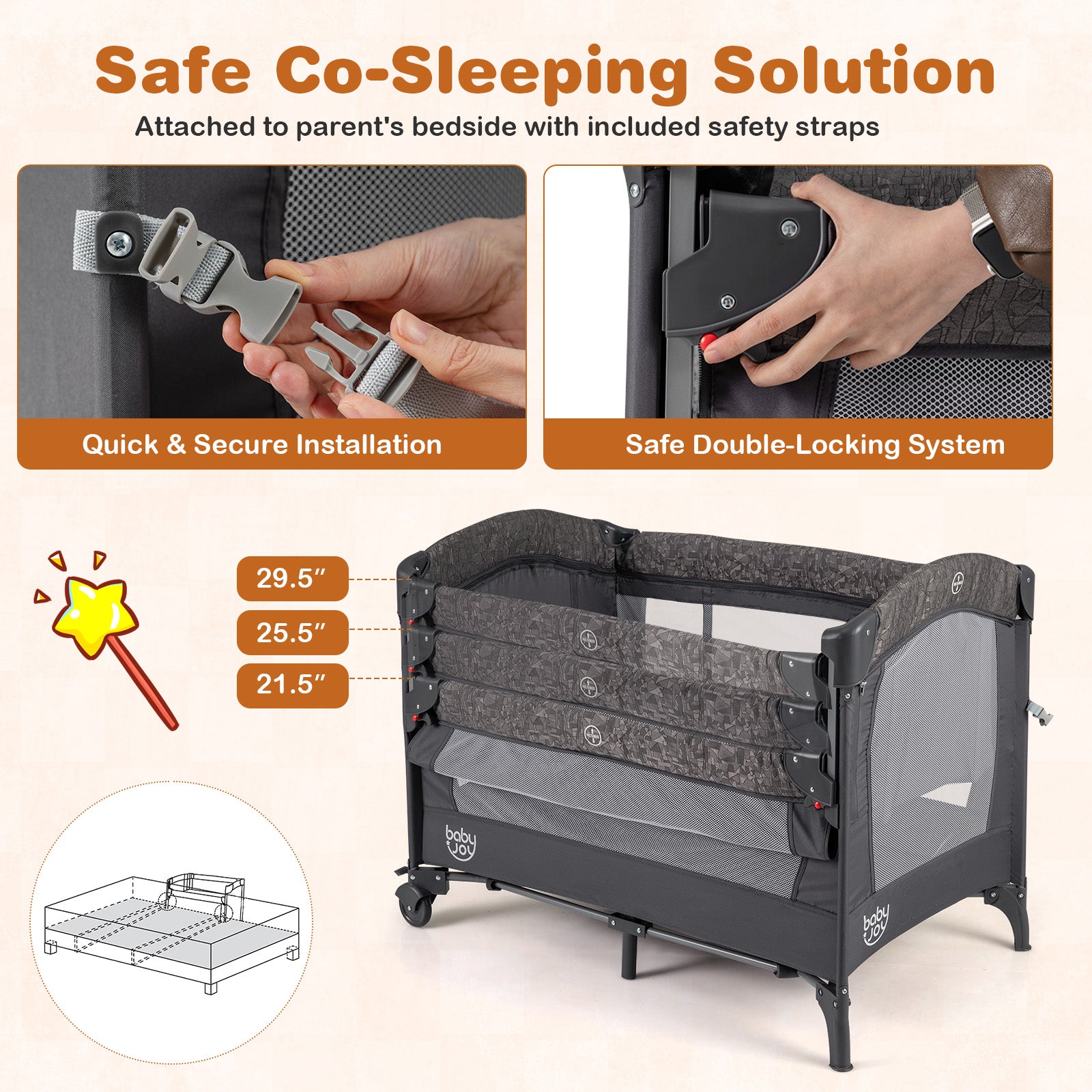 5-in-1 Bedside Bassinet with Diaper Changer and Mattress-Gray