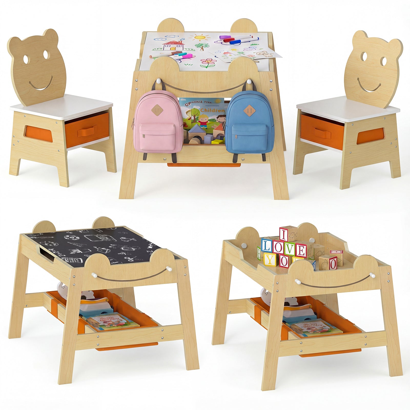 5-in-1 Toddler Table and 2 Chairs Cute Art Desk Set with Reversible Chalkboard Whiteboard