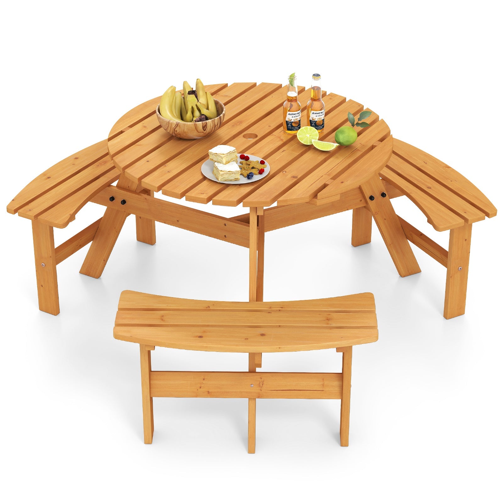 6-Person Round Picnic Table Set with 3 Built-in Benches and Umbrella Hole