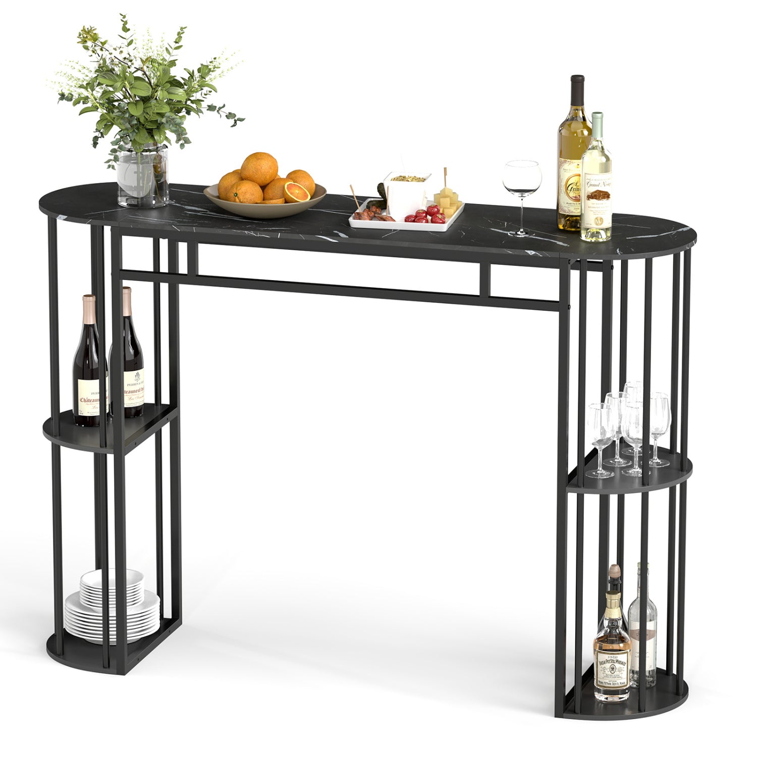60 Inch Long Bar Table Narrow with Faux Marble Tabletop and Storage Shelves