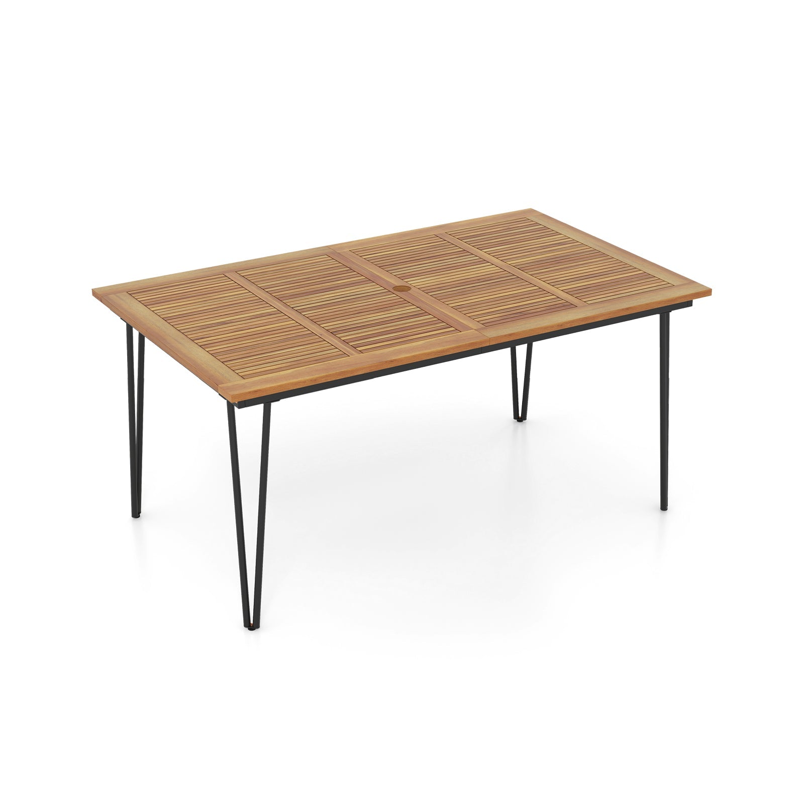 63 Inch Rectangular Outdoor Dining Table for 6 People with Acacia Wood Tabletop and Umbrella Hole