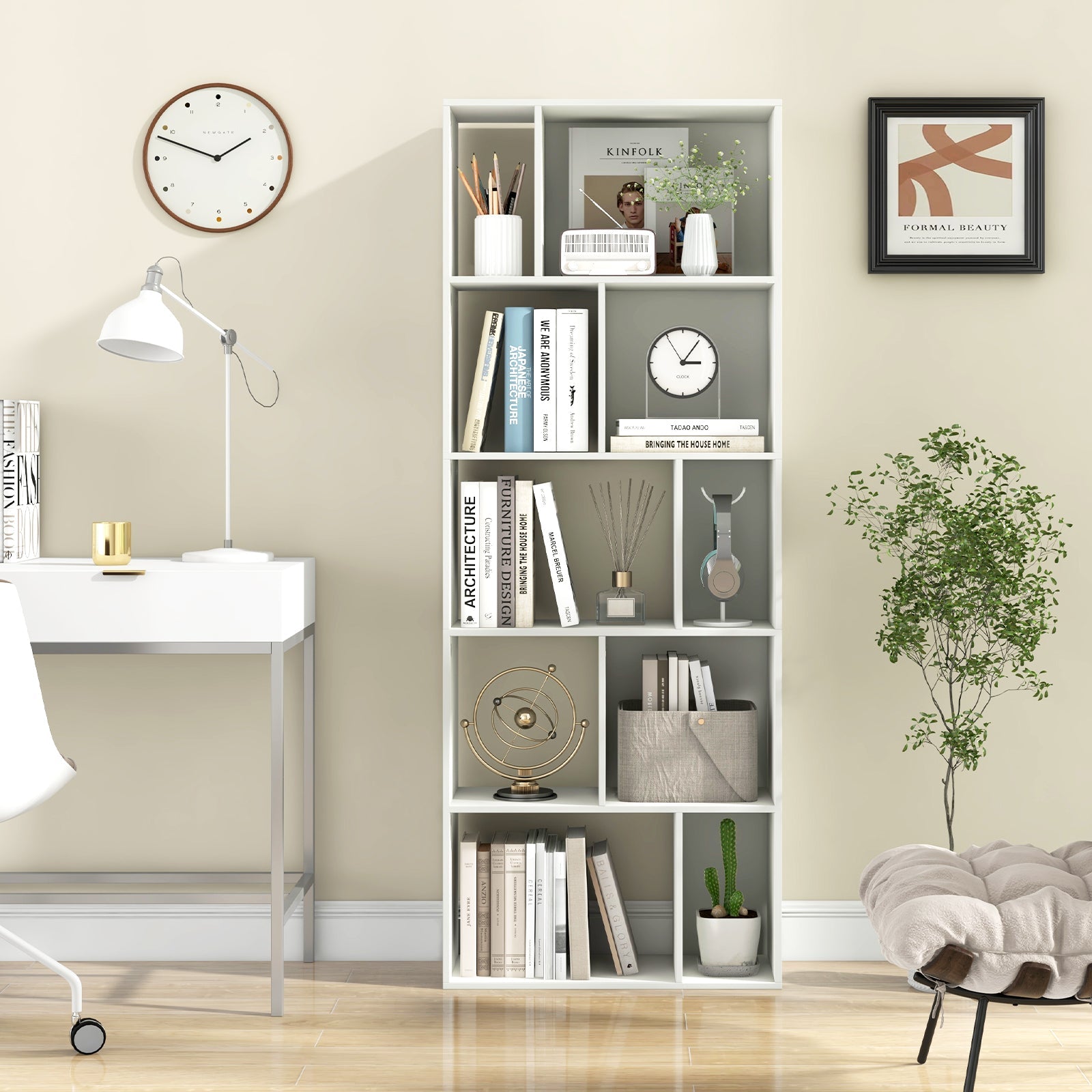 63 Inch 5-Tier Geometric 10-Cube Bookshelf Tall Bookcase-White